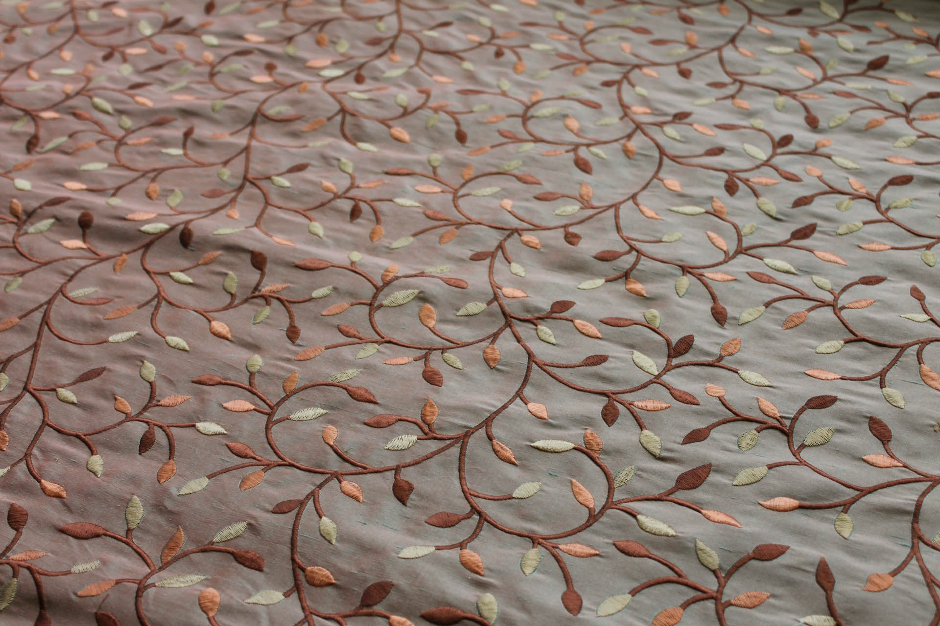 Embroidered Silk Dupion - Gold Copper and Brown Leaves and Vines On Orange shot Green fabric, image 7 of 8