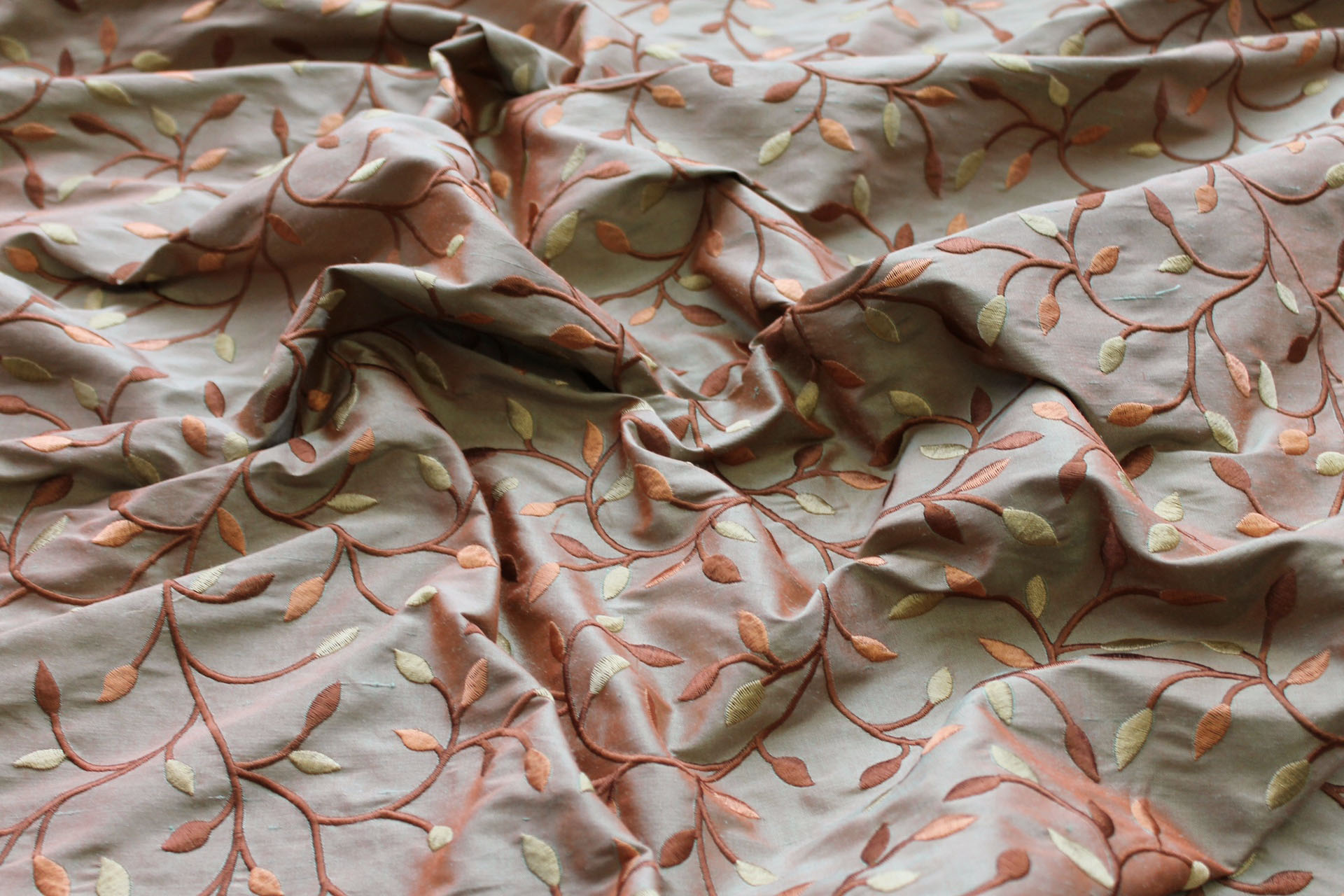 Embroidered Silk Dupion - Gold Copper and Brown Leaves and Vines On Orange shot Green fabric, image 8 of 8