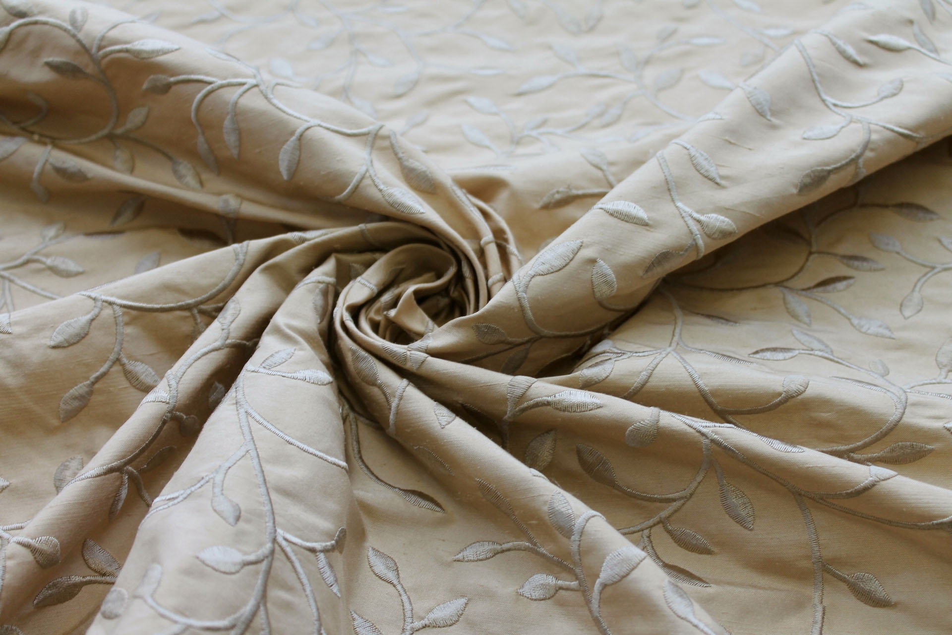 Embroidered Silk Dupion - Golden Leaves and Vines On Gold fabric