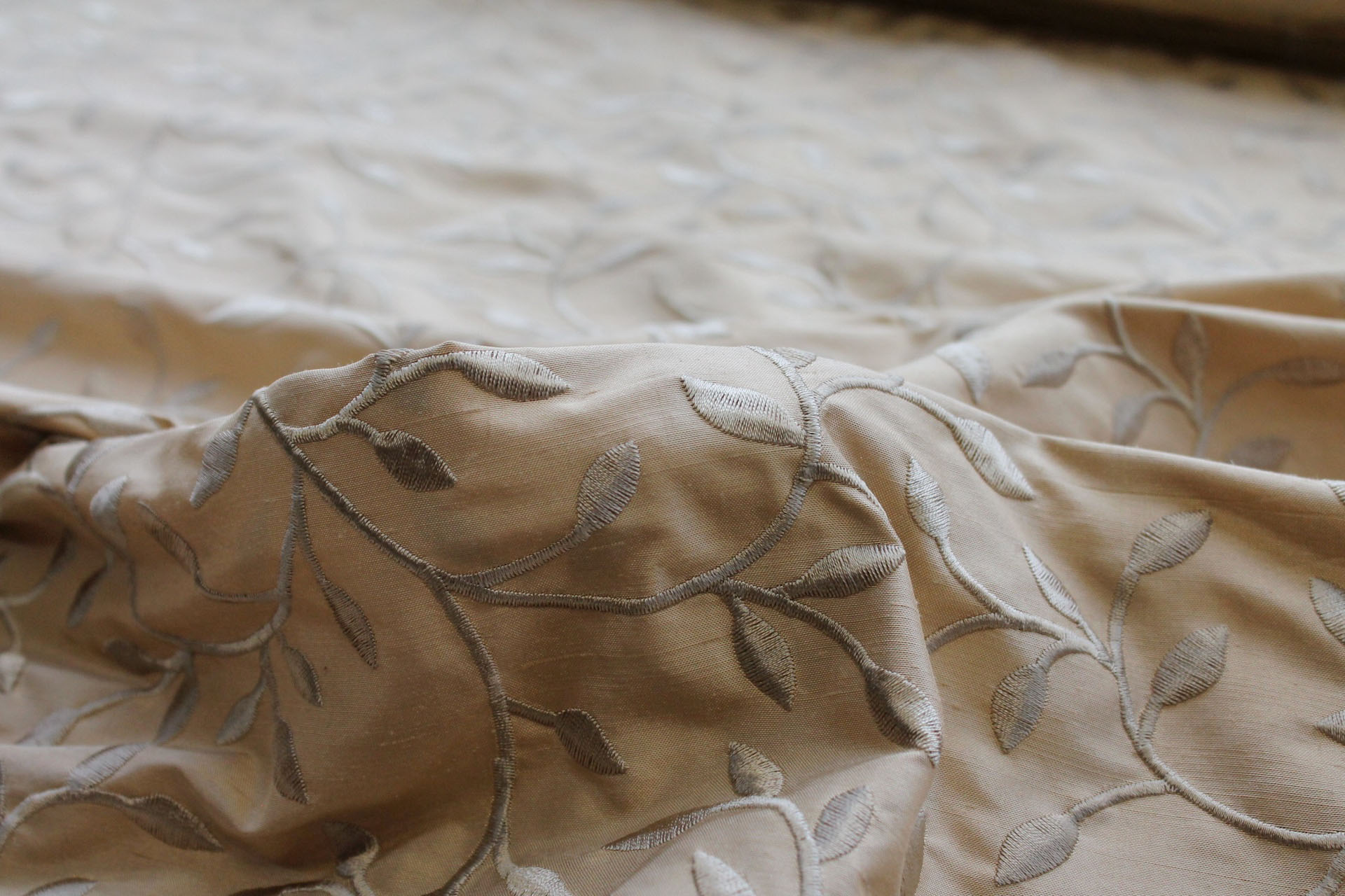 Embroidered Silk Dupion - Golden Leaves and Vines On Gold fabric, image 4 of 7