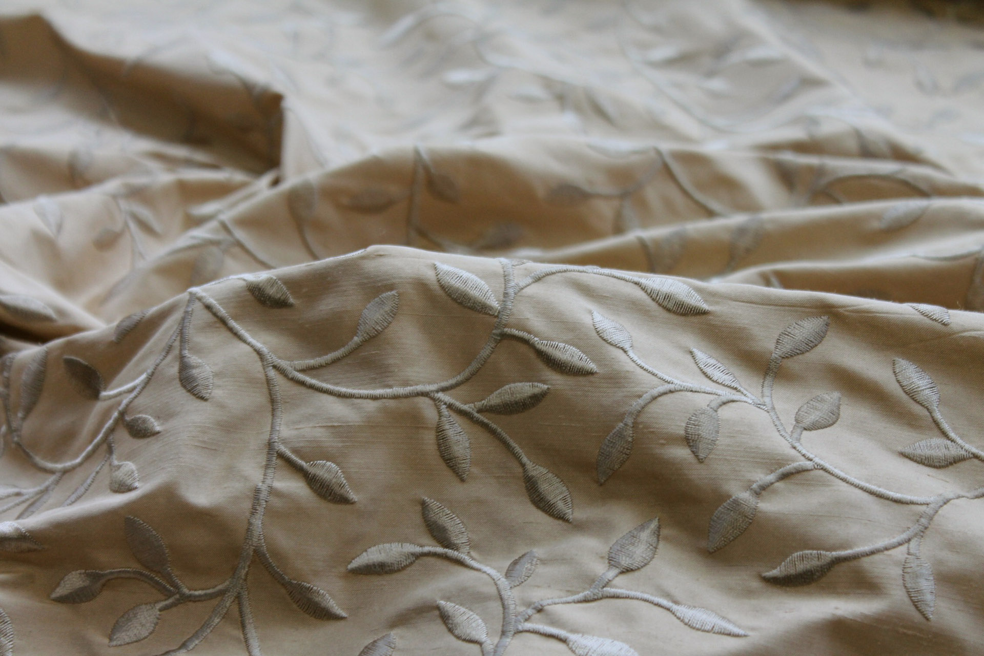 Embroidered Silk Dupion - Golden Leaves and Vines On Gold fabric, image 5 of 7