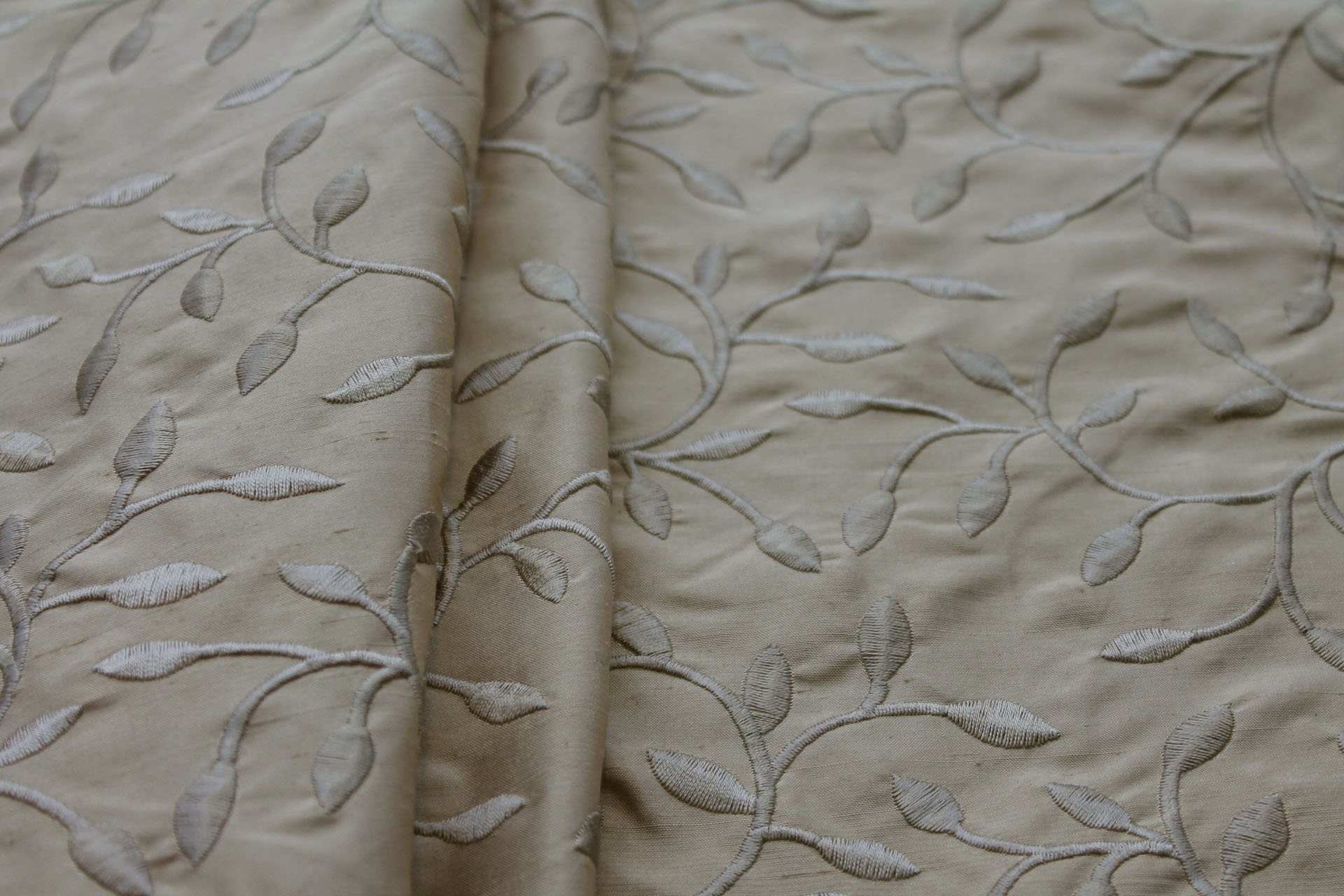 Embroidered Silk Dupion - Golden Leaves and Vines On Gold fabric, image 6 of 7