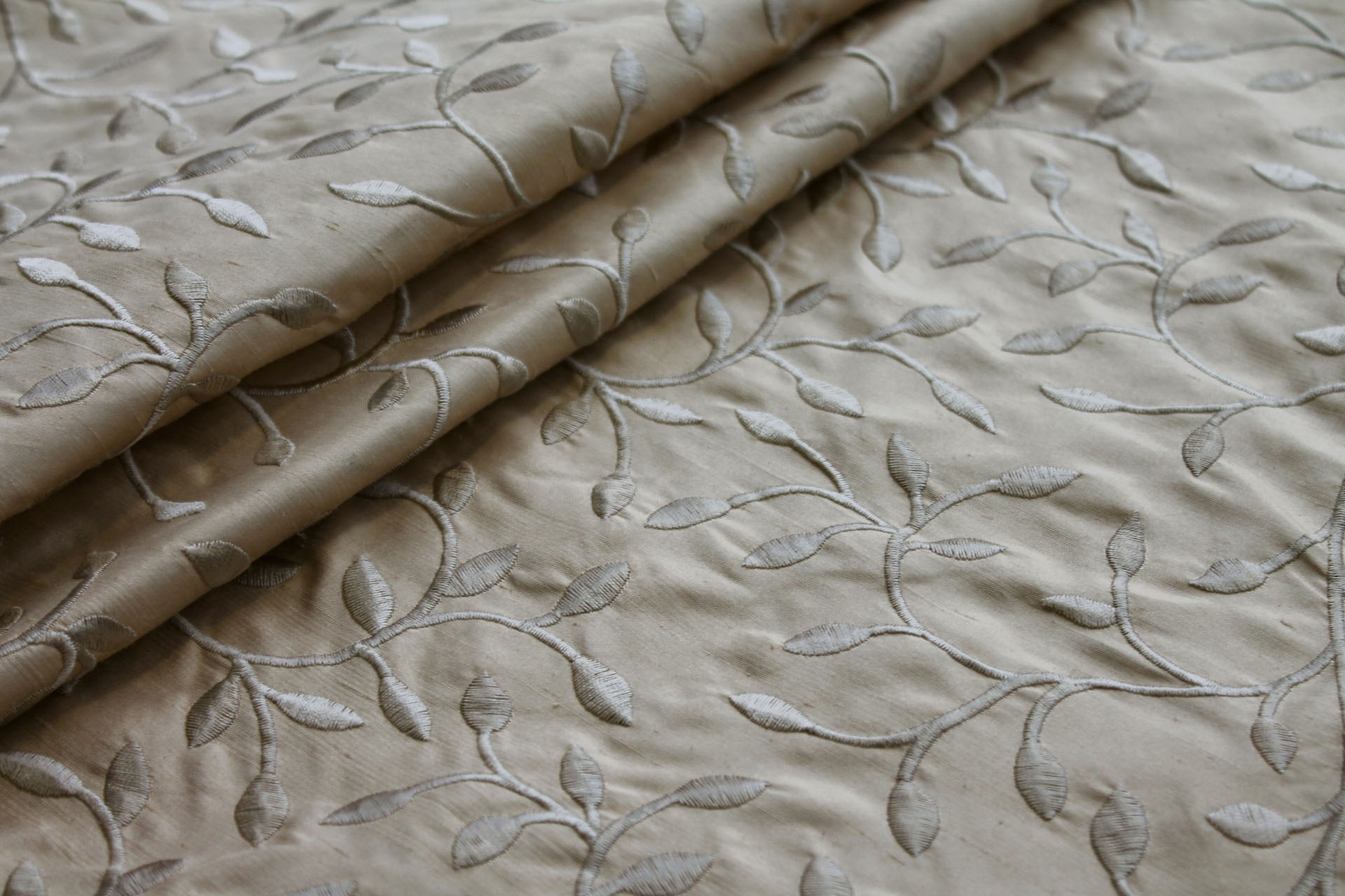 Embroidered Silk Dupion - Golden Leaves and Vines On Gold fabric, image 7 of 7