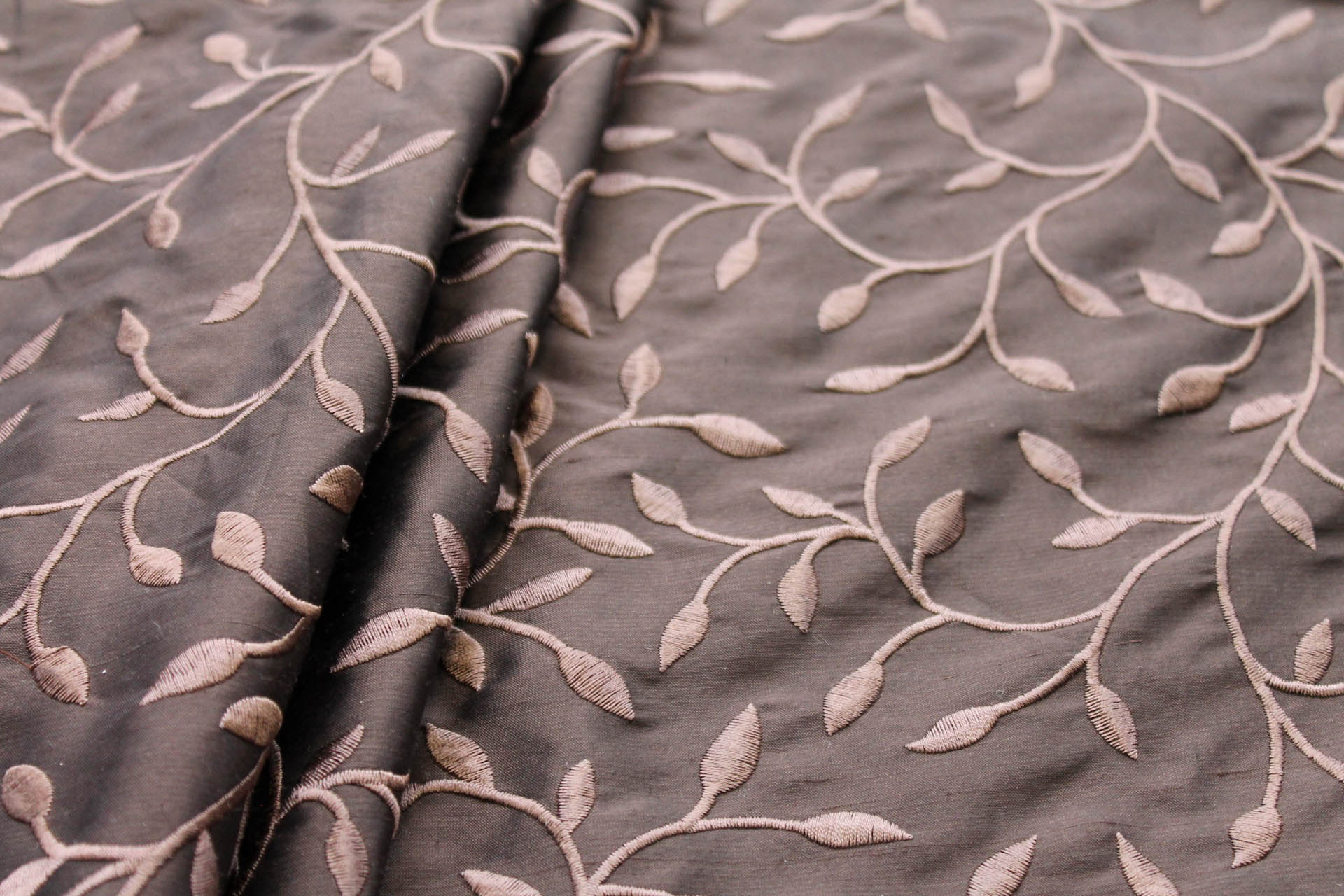 Embroidered Silk Dupion - Brown Leaves and Vines On Brown fabric, image 2 of 8