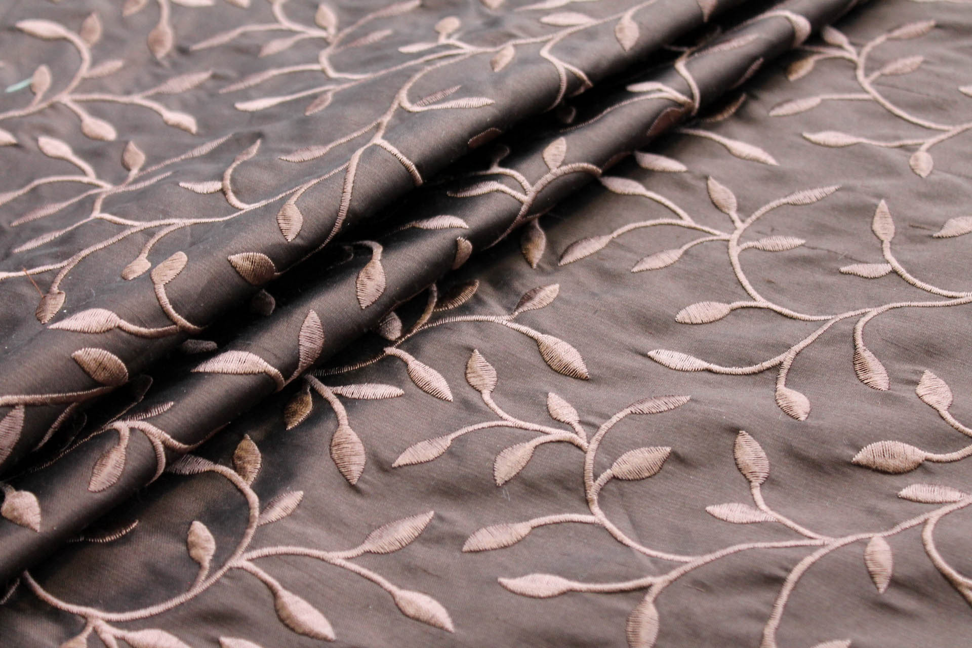 Embroidered Silk Dupion - Brown Leaves and Vines On Brown fabric, image 3 of 8