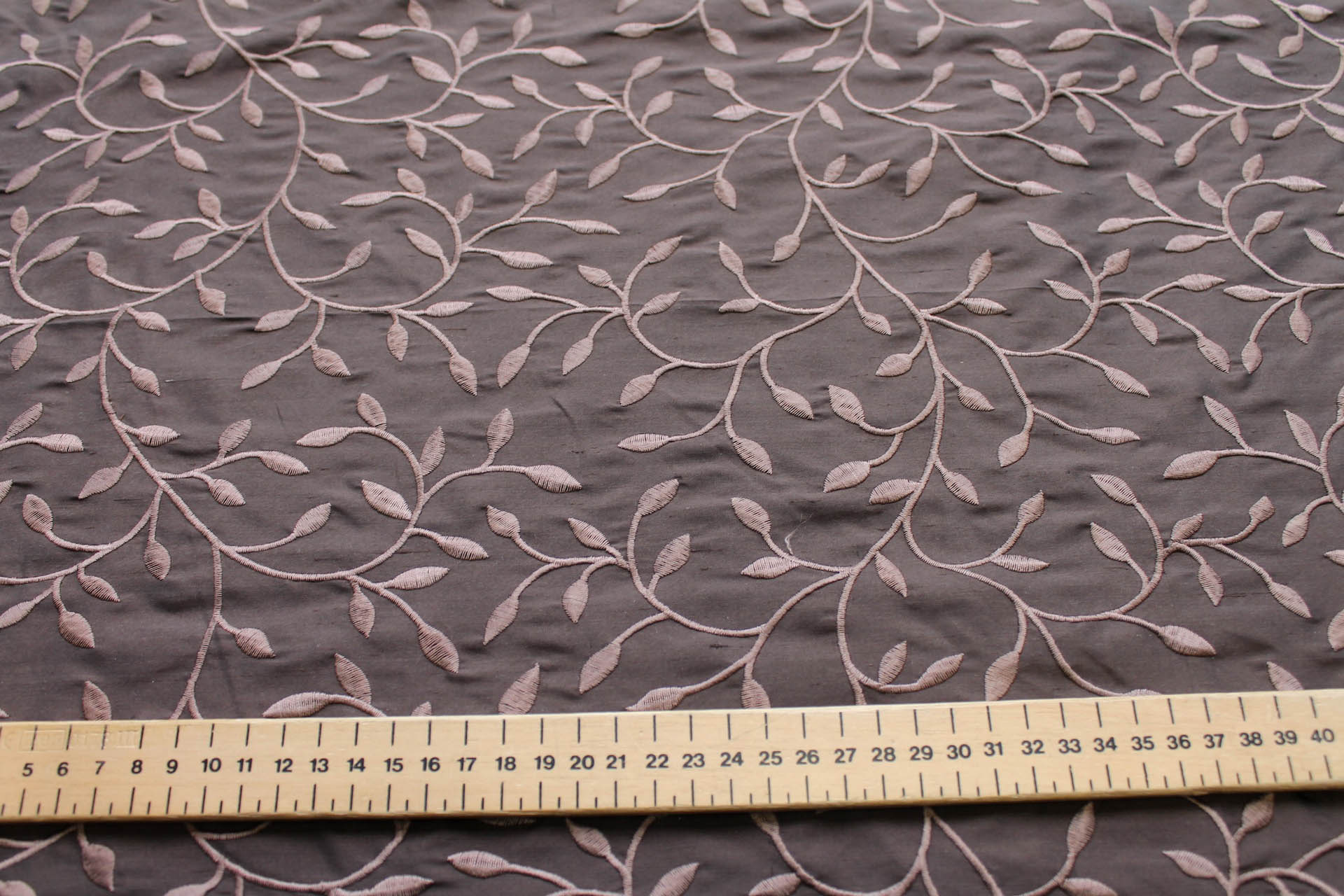 Embroidered Silk Dupion - Brown Leaves and Vines On Brown fabric, image 4 of 8