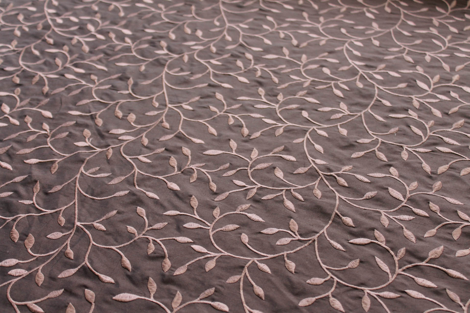 Embroidered Silk Dupion - Brown Leaves and Vines On Brown fabric, image 5 of 8