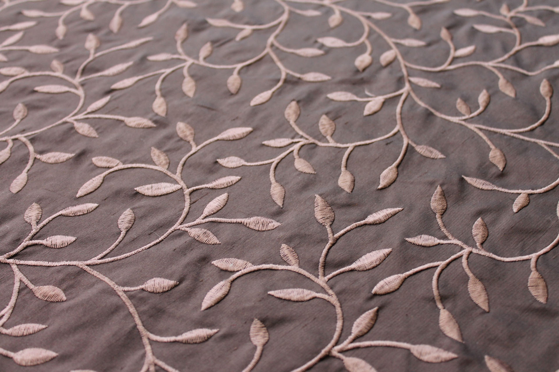 Embroidered Silk Dupion - Brown Leaves and Vines On Brown fabric, image 6 of 8