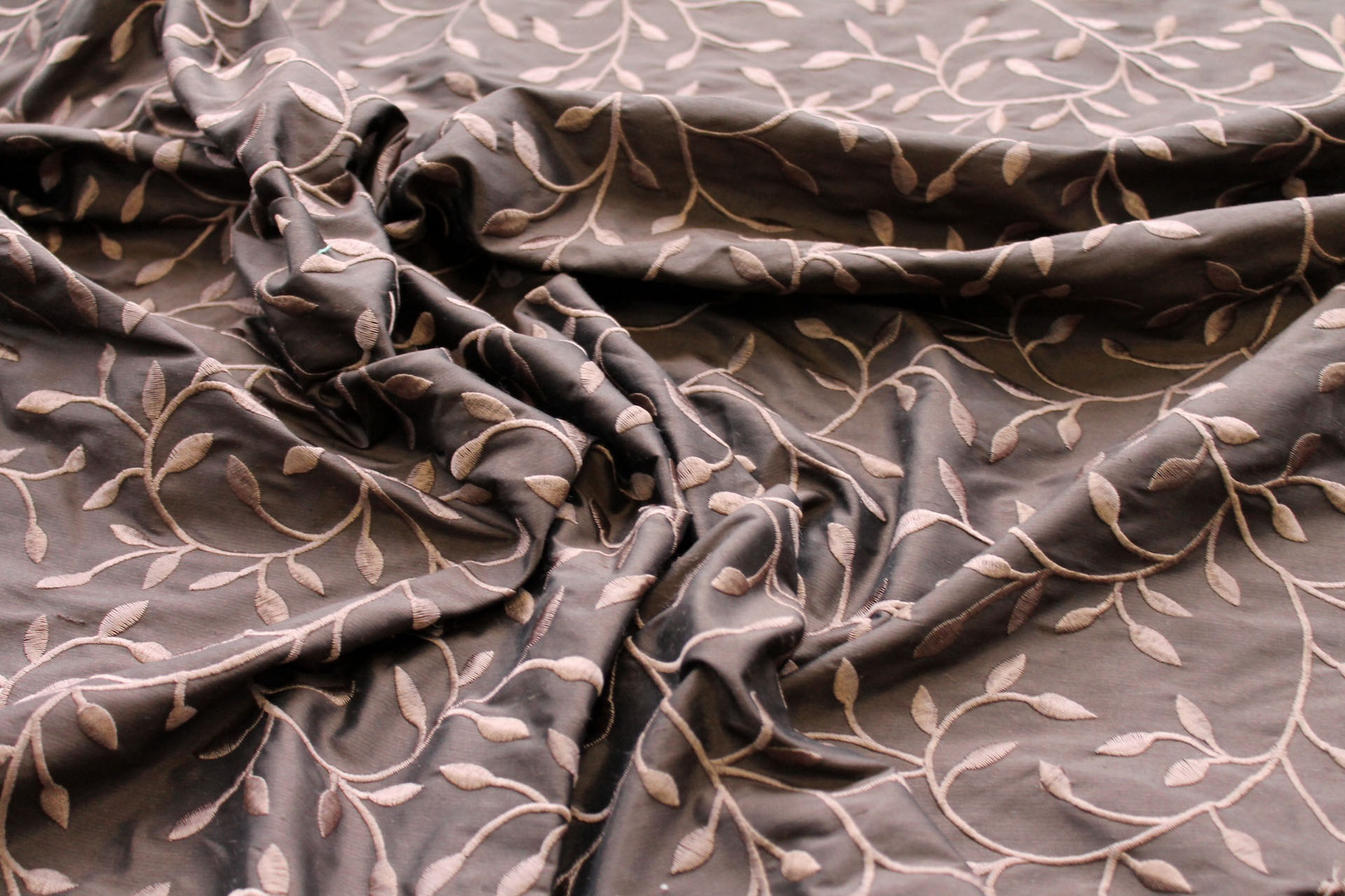 Embroidered Silk Dupion - Brown Leaves and Vines On Brown fabric, image 7 of 8