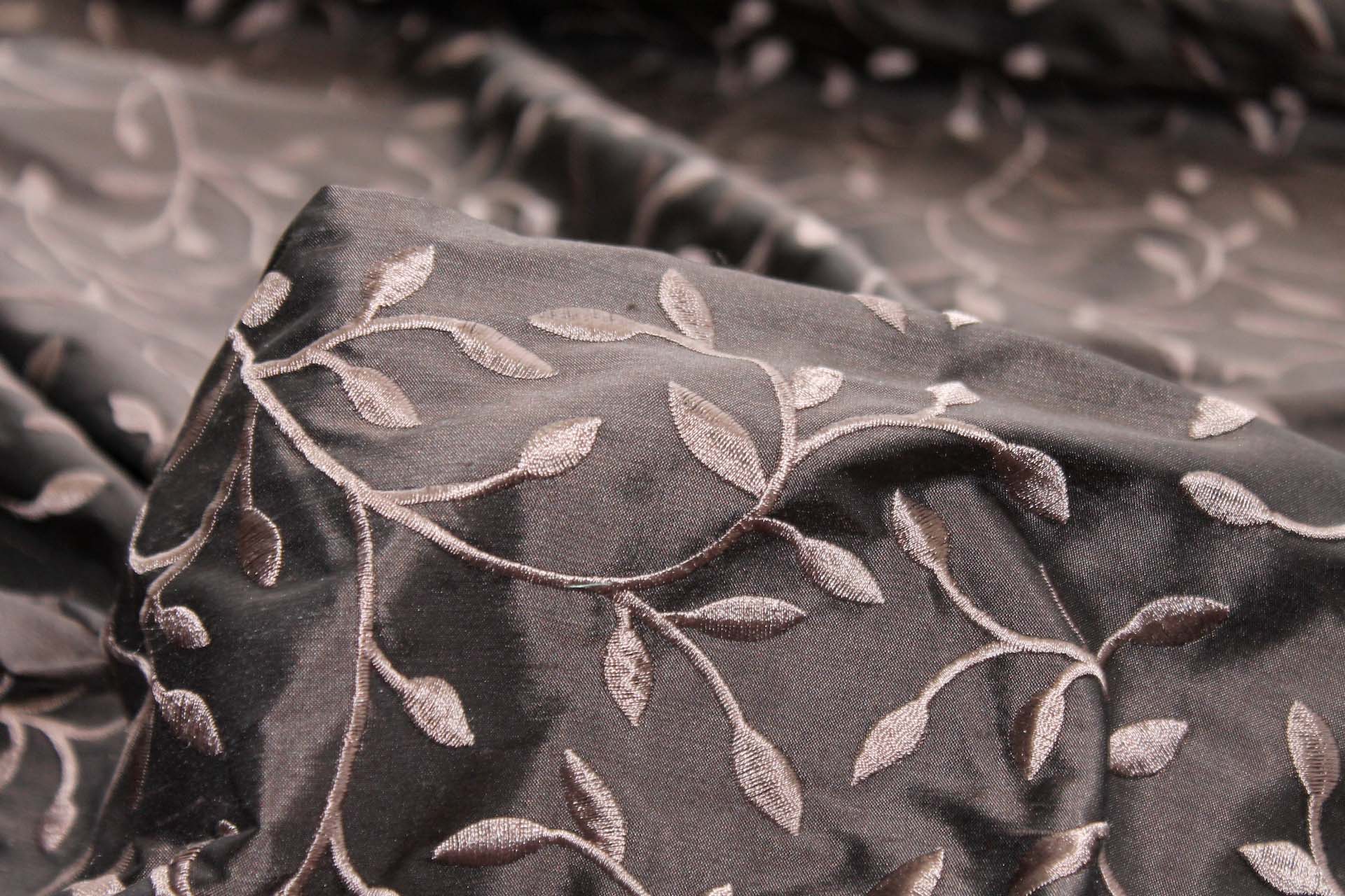 Embroidered Silk Dupion - Brown Leaves and Vines On Brown fabric, image 8 of 8