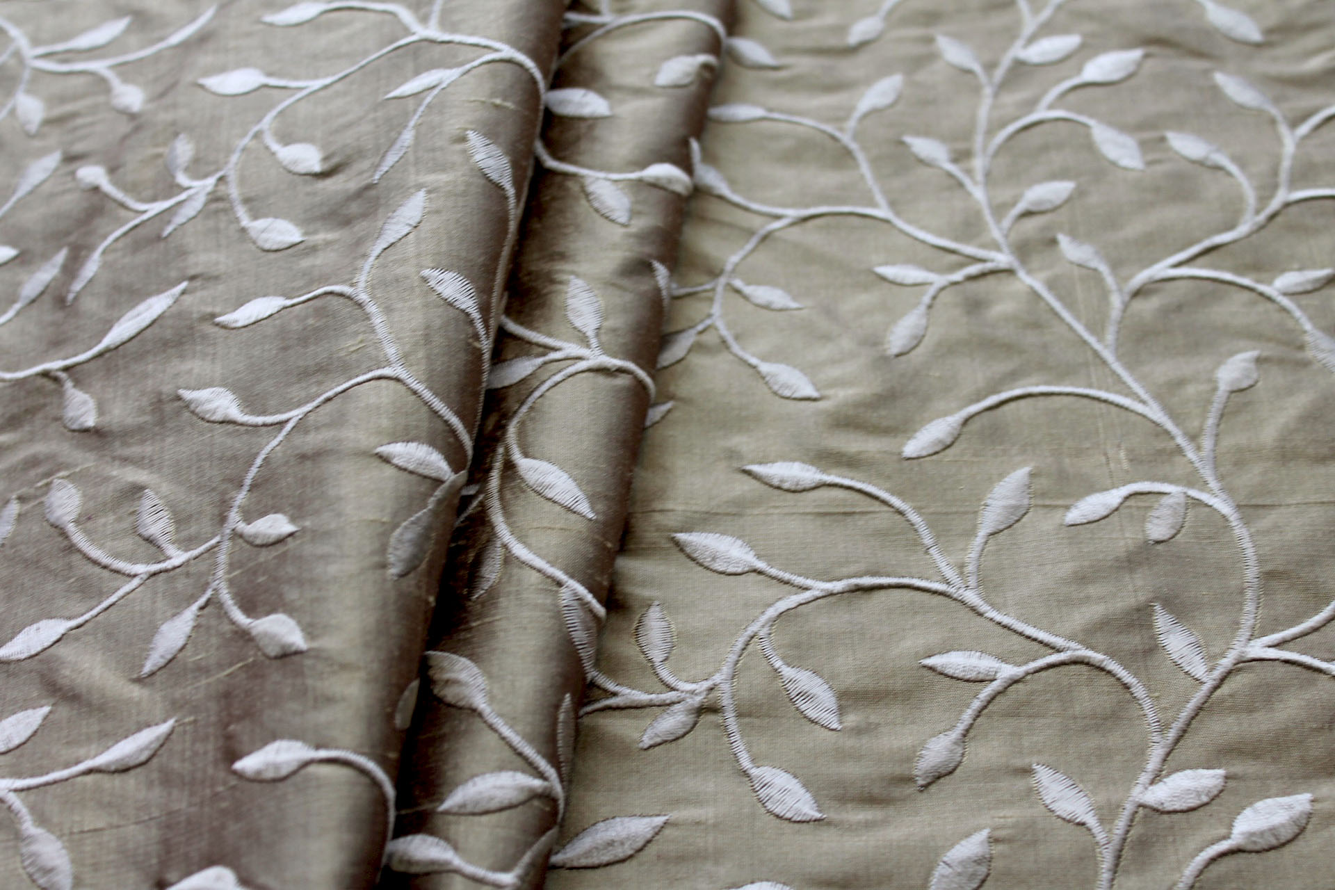 Embroidered Silk Dupion - Golden Leaves and Vines On Deep Gold fabric, image 2 of 7
