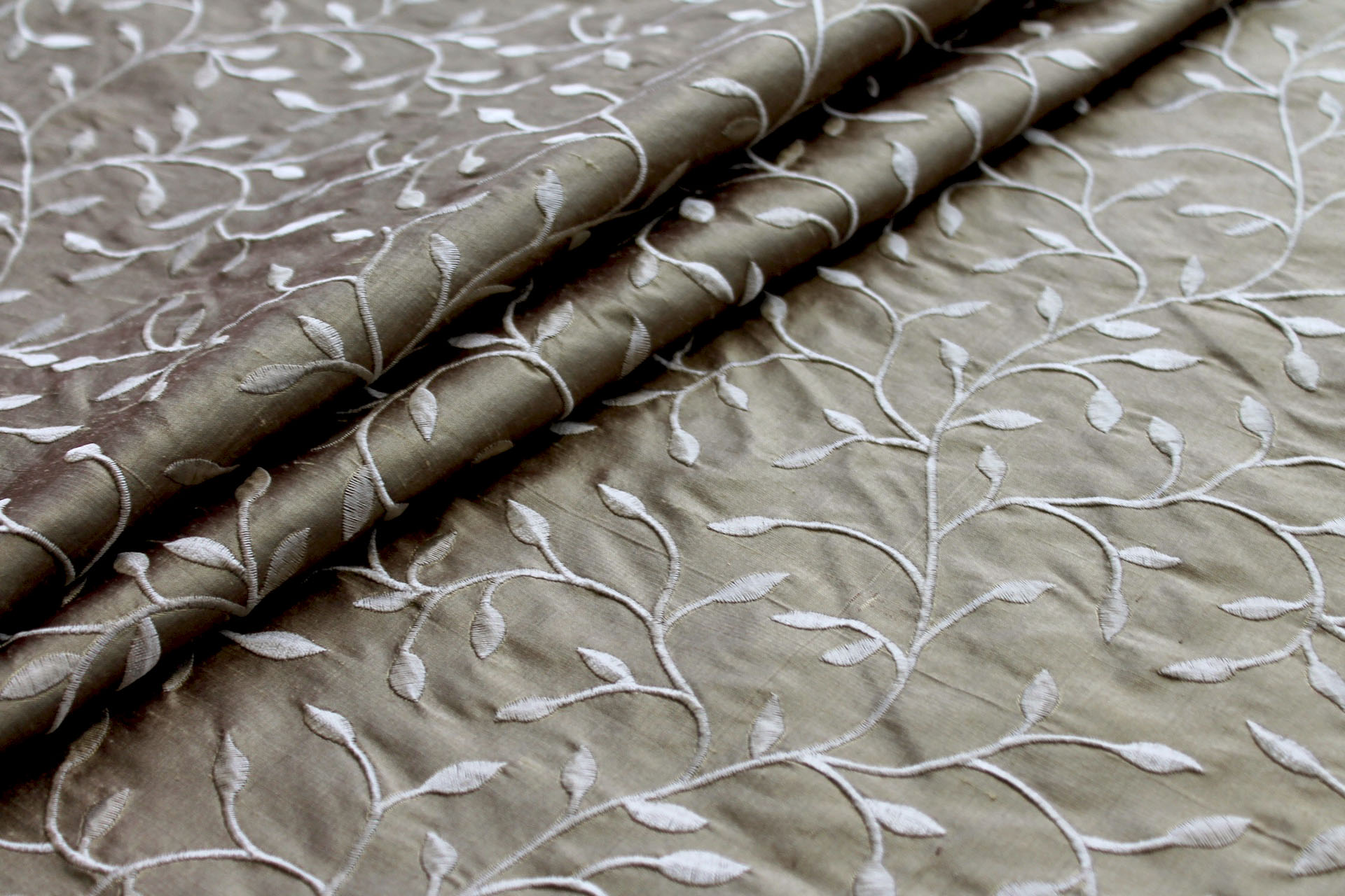 Embroidered Silk Dupion - Golden Leaves and Vines On Deep Gold fabric