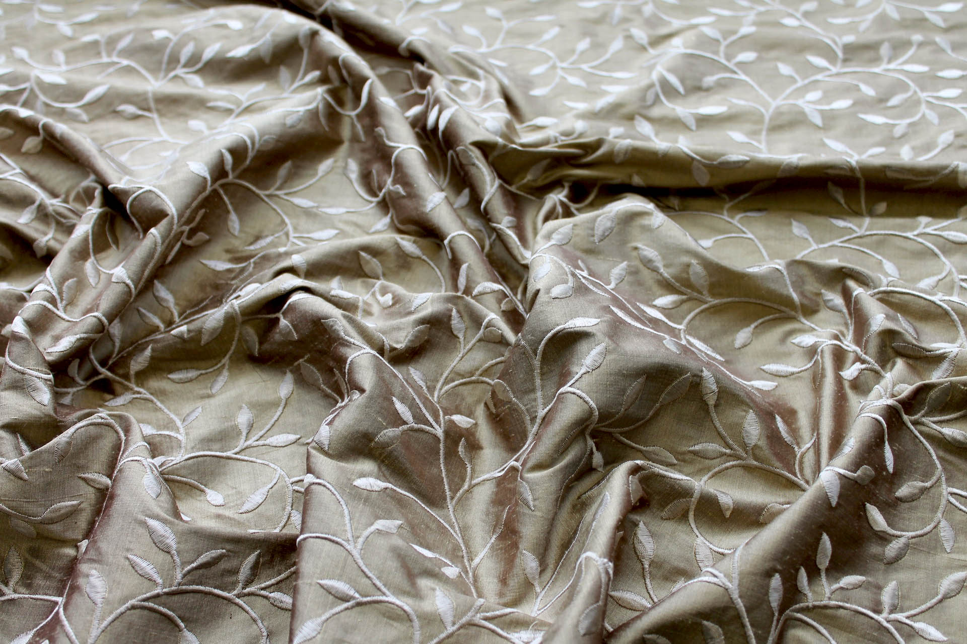 Embroidered Silk Dupion - Golden Leaves and Vines On Deep Gold fabric, image 6 of 7