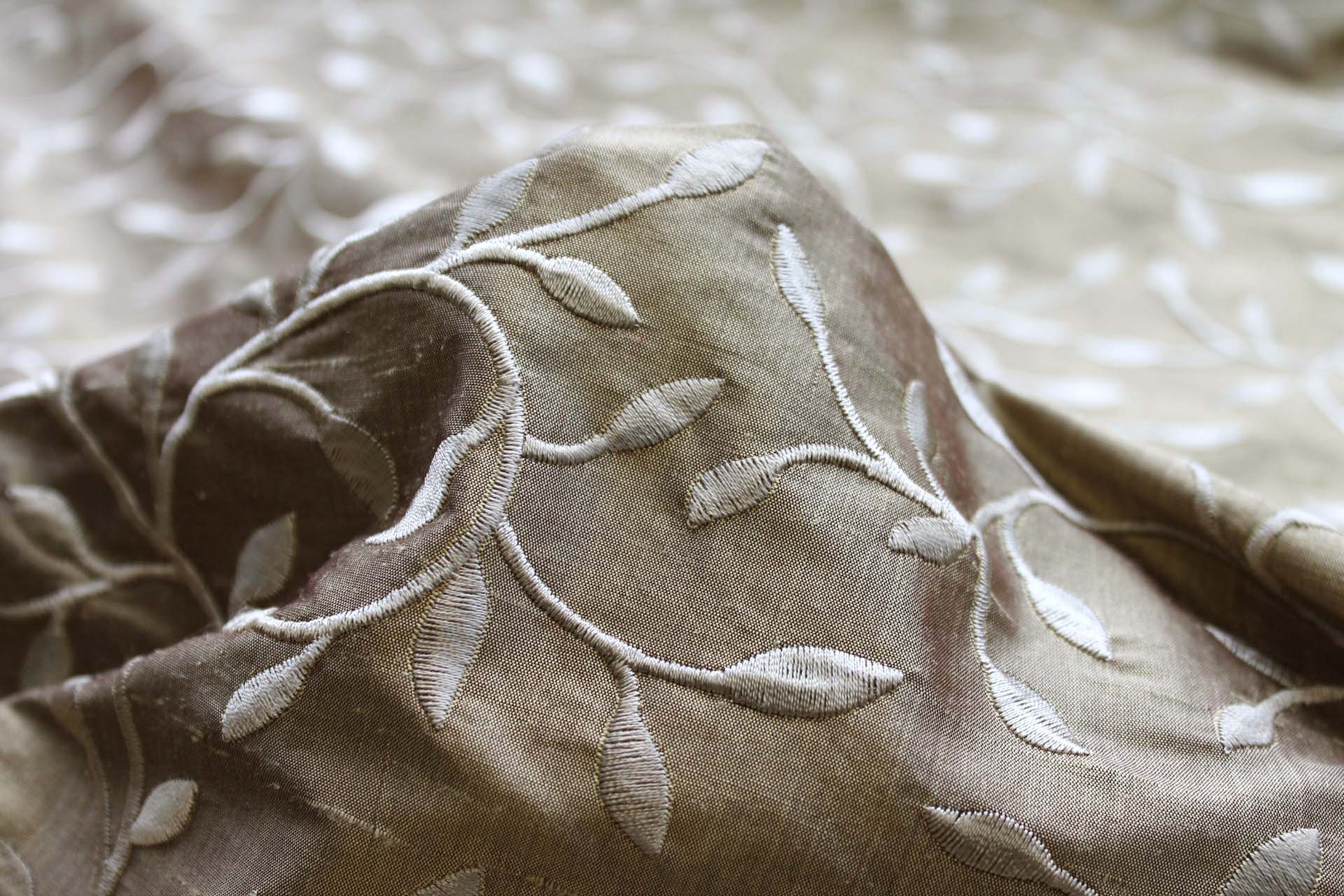 Embroidered Silk Dupion - Golden Leaves and Vines On Deep Gold fabric, image 7 of 7