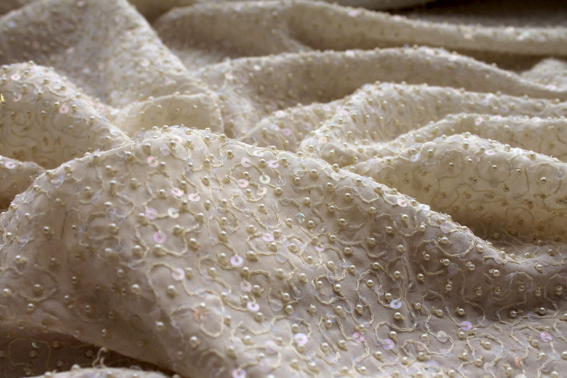 Beaded Silk - Creamy Off White with Ivory Pearls and Iridescent Sequins fabric