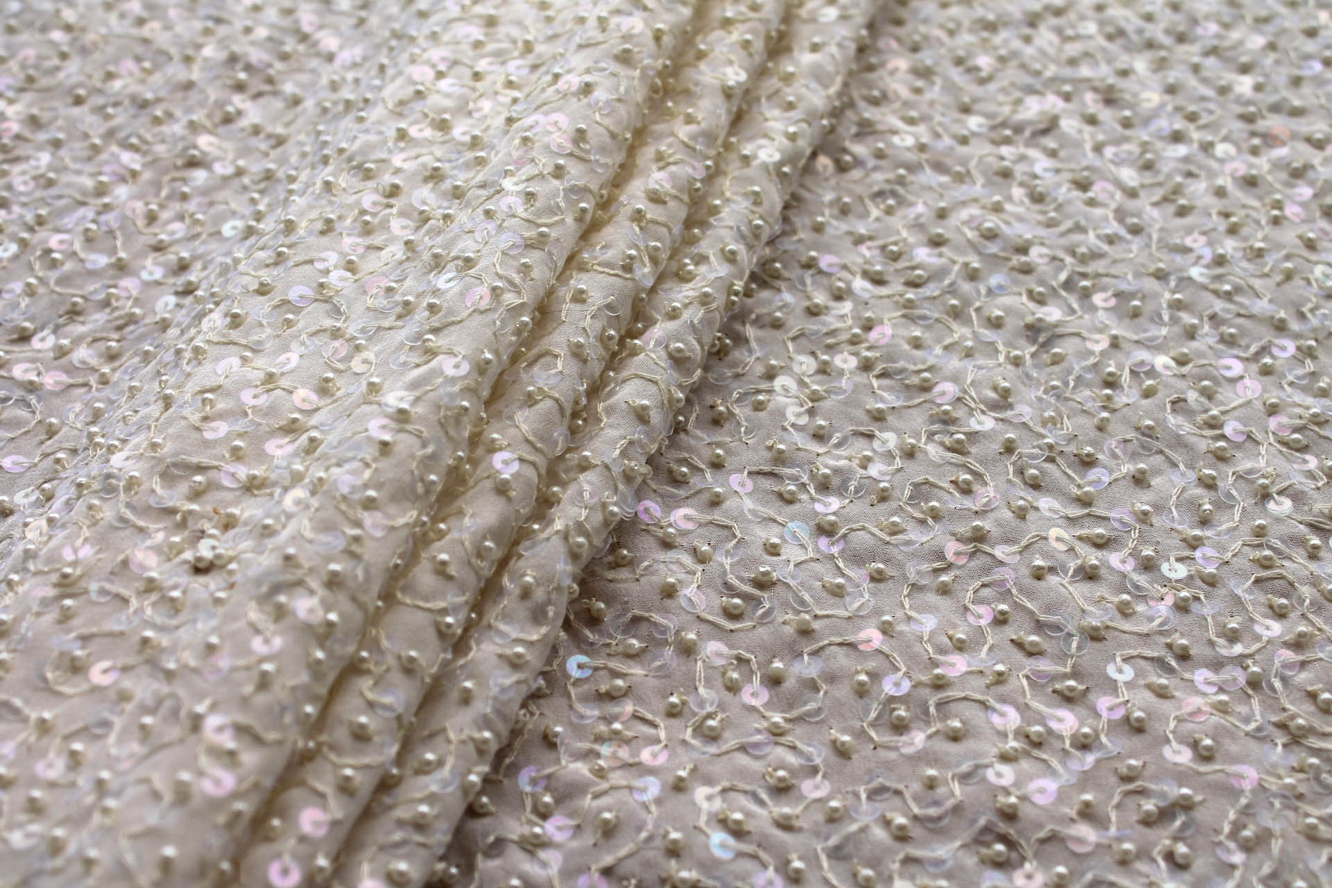 Beaded Silk - Creamy Off White with Ivory Pearls and Iridescent Sequins fabric, image 2 of 5