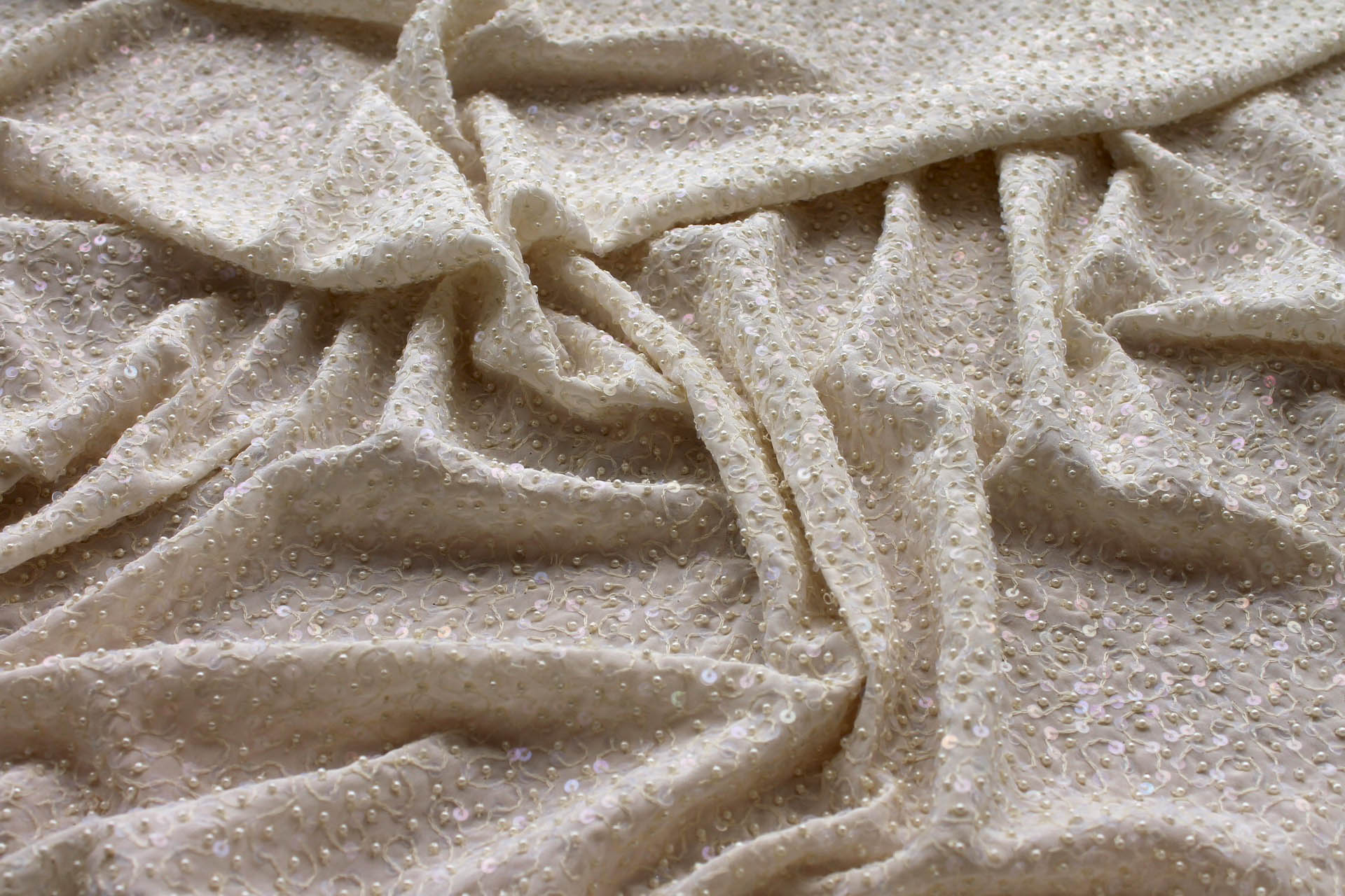 Beaded Silk - Creamy Off White with Ivory Pearls and Iridescent Sequins fabric, image 3 of 5