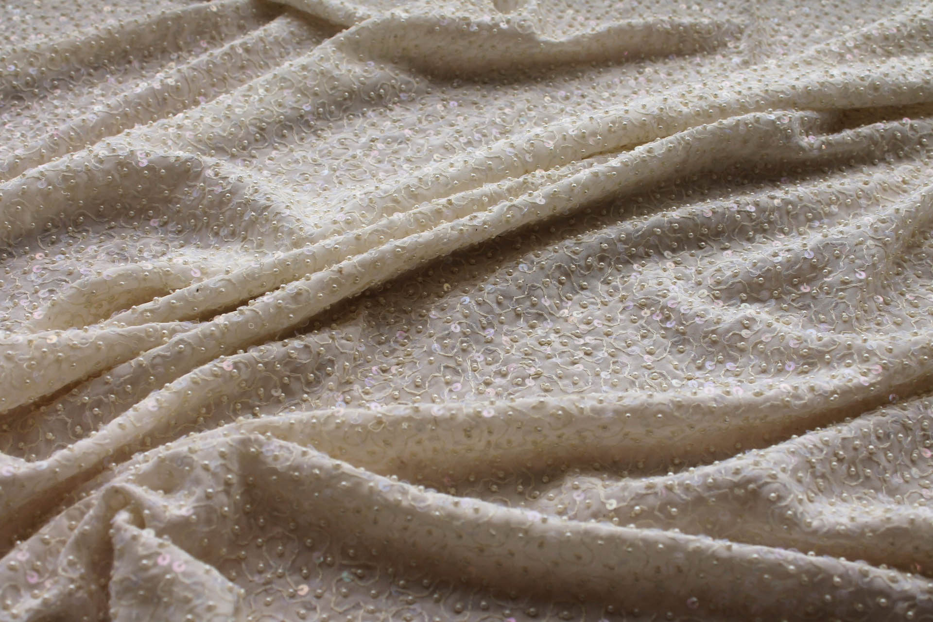 Beaded Silk - Creamy Off White with Ivory Pearls and Iridescent Sequins fabric, image 4 of 5