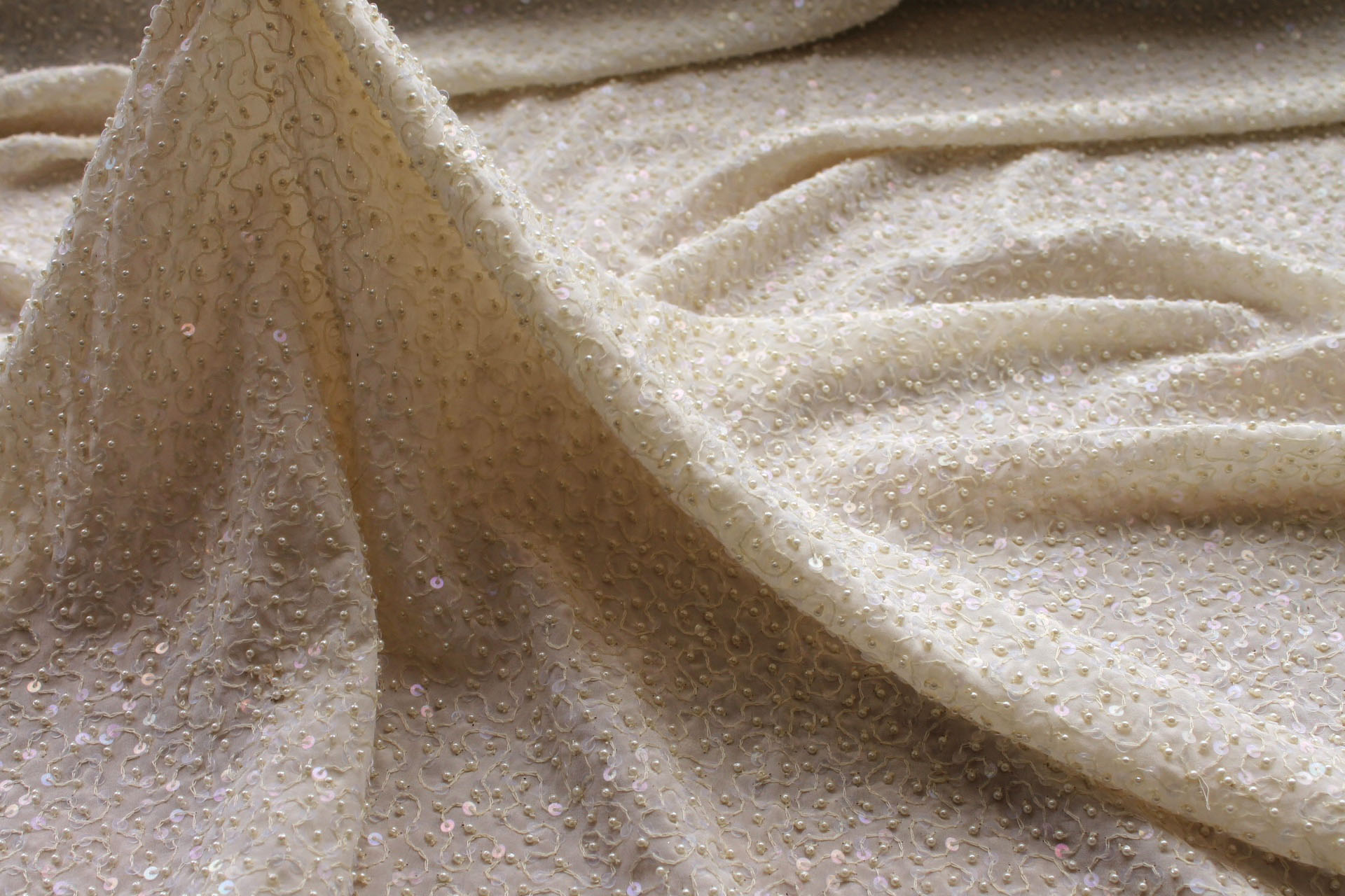 Beaded Silk - Creamy Off White with Ivory Pearls and Iridescent Sequins fabric, image 5 of 5