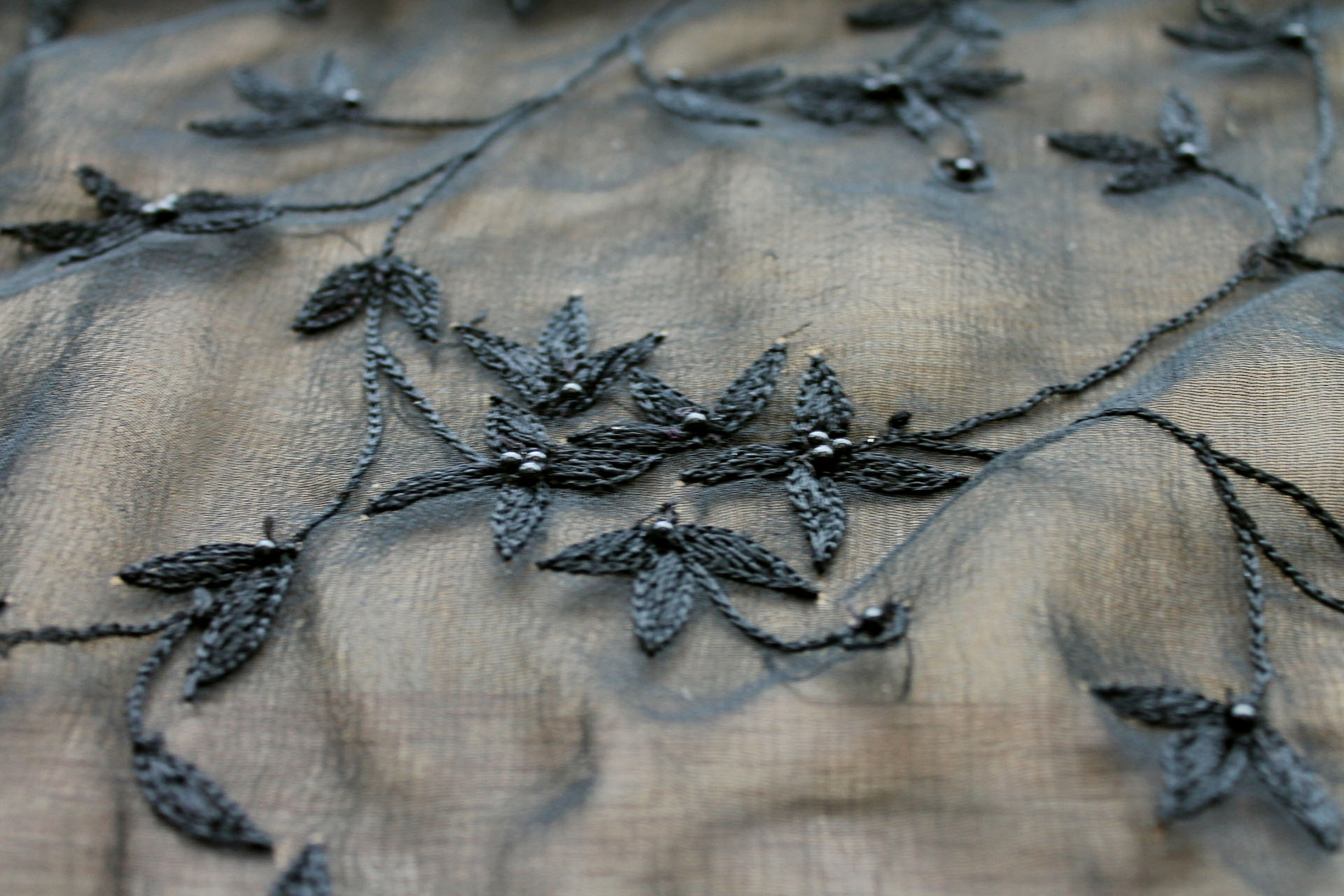 Black Floral Embroidered Silk Chiffon with Pearls fabric, image 3 of 7