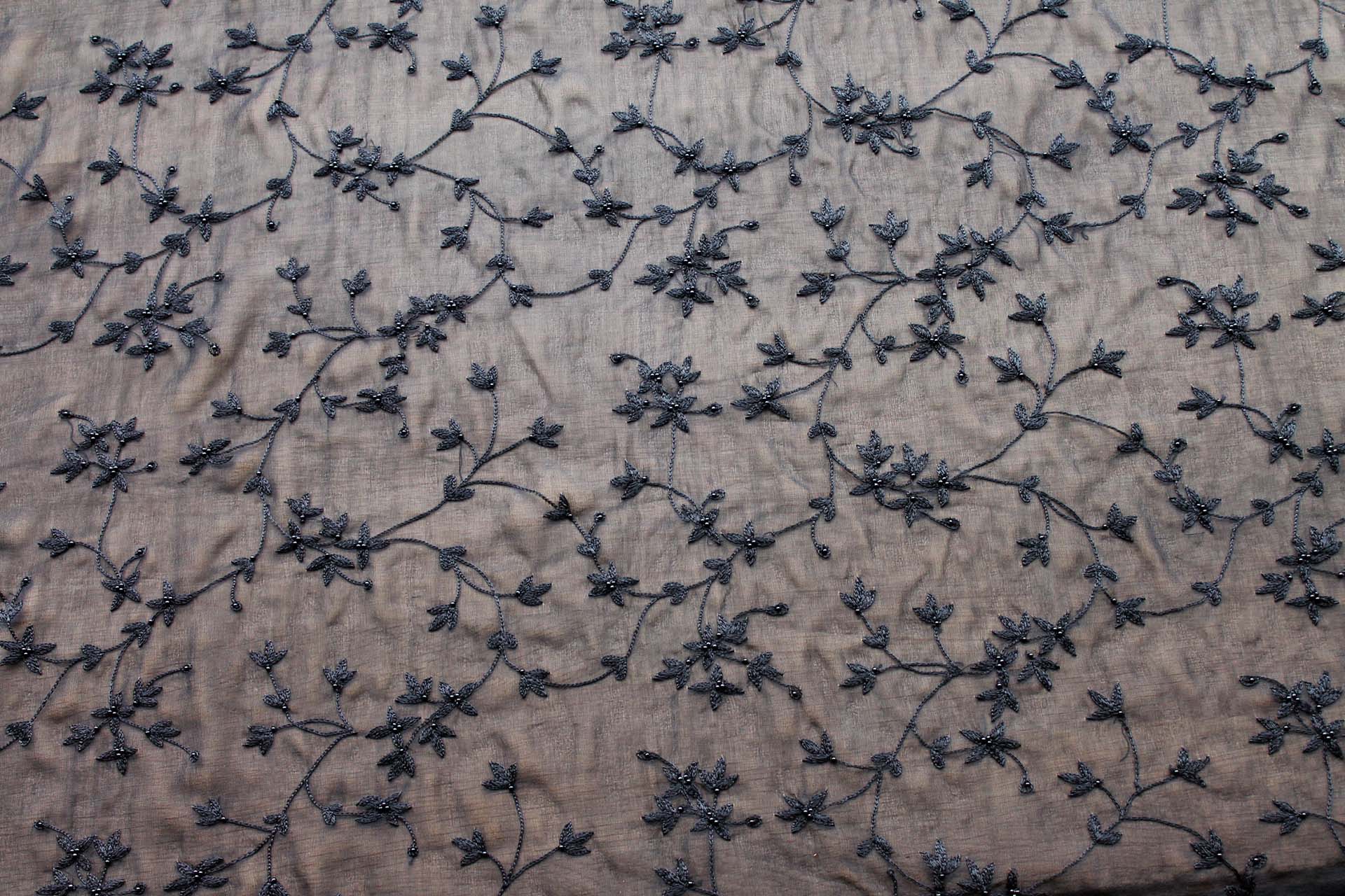 Black Floral Embroidered Silk Chiffon with Pearls fabric, image 2 of 7