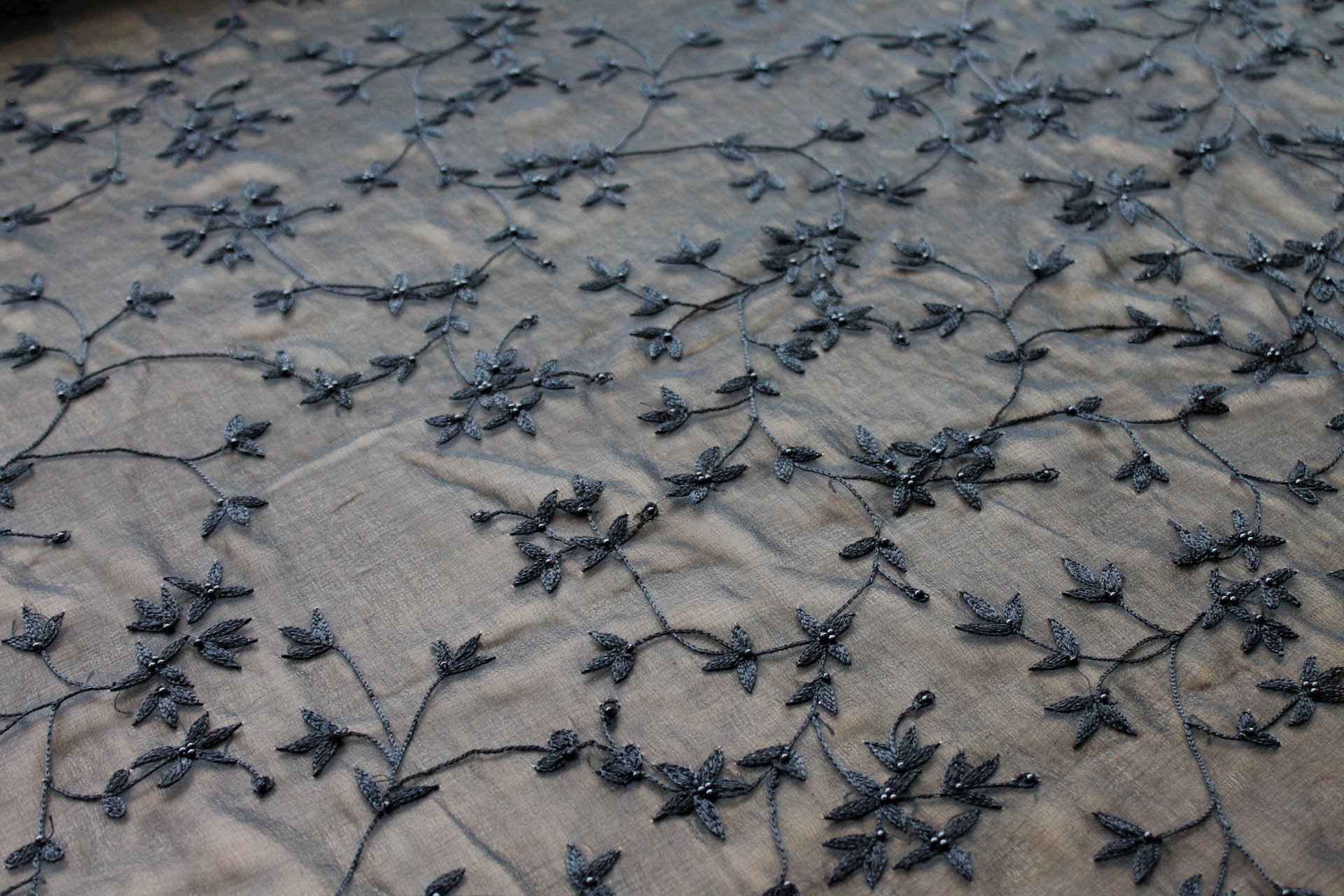 Black Floral Embroidered Silk Chiffon with Pearls fabric, image 4 of 7