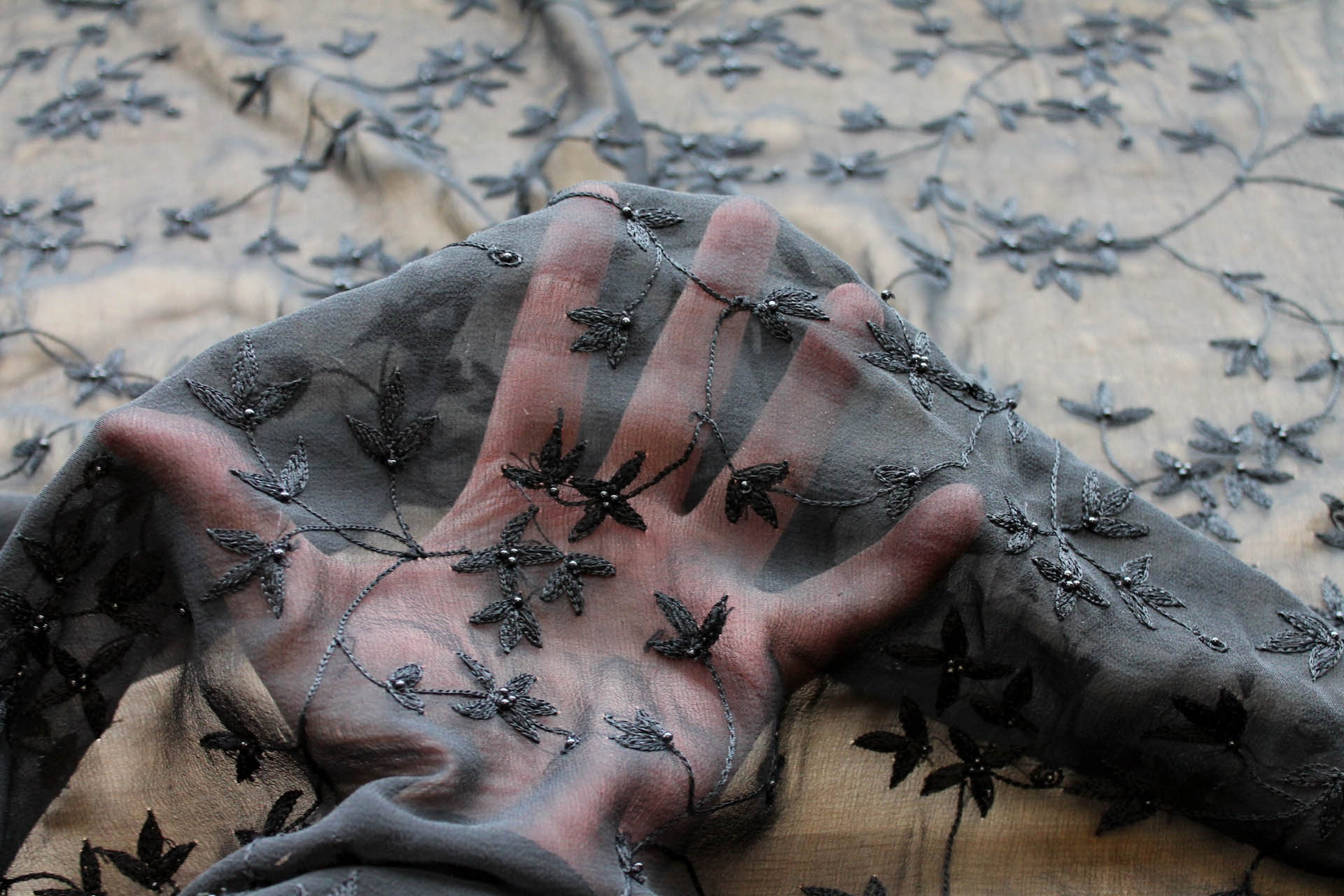 Black Floral Embroidered Silk Chiffon with Pearls fabric, image 6 of 7