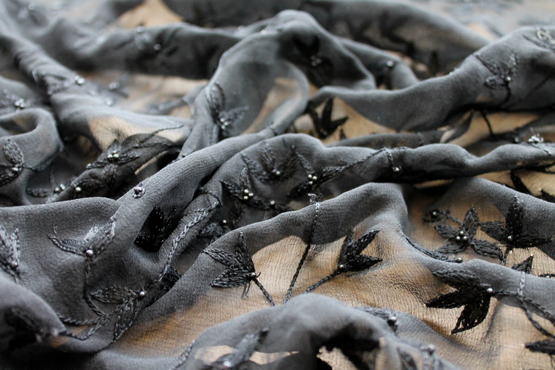 Black Floral Embroidered Silk Chiffon with Pearls fabric, image 7 of 7