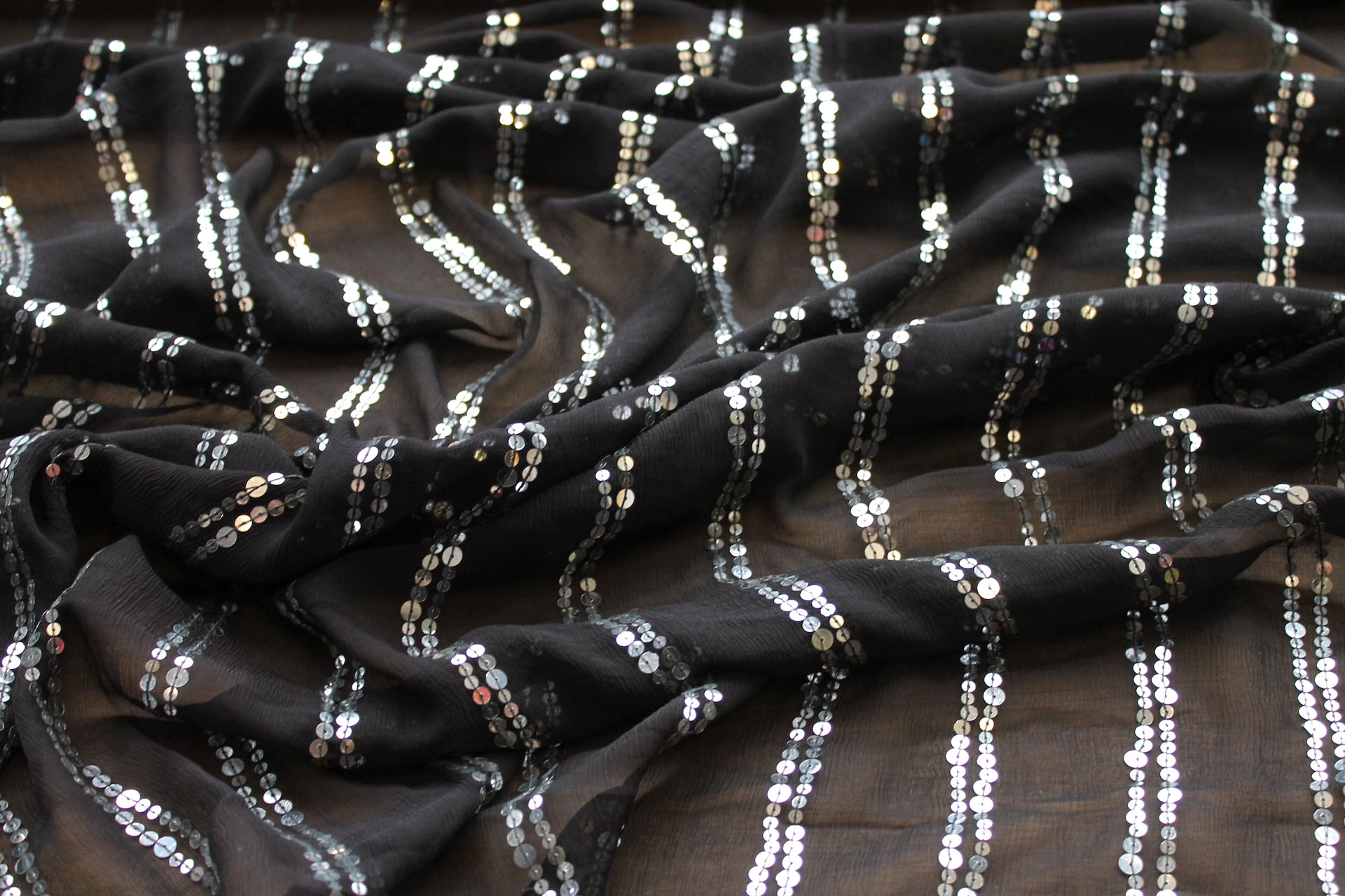 Black chiffon with silver sequins in lines fabric, image 2 of 7