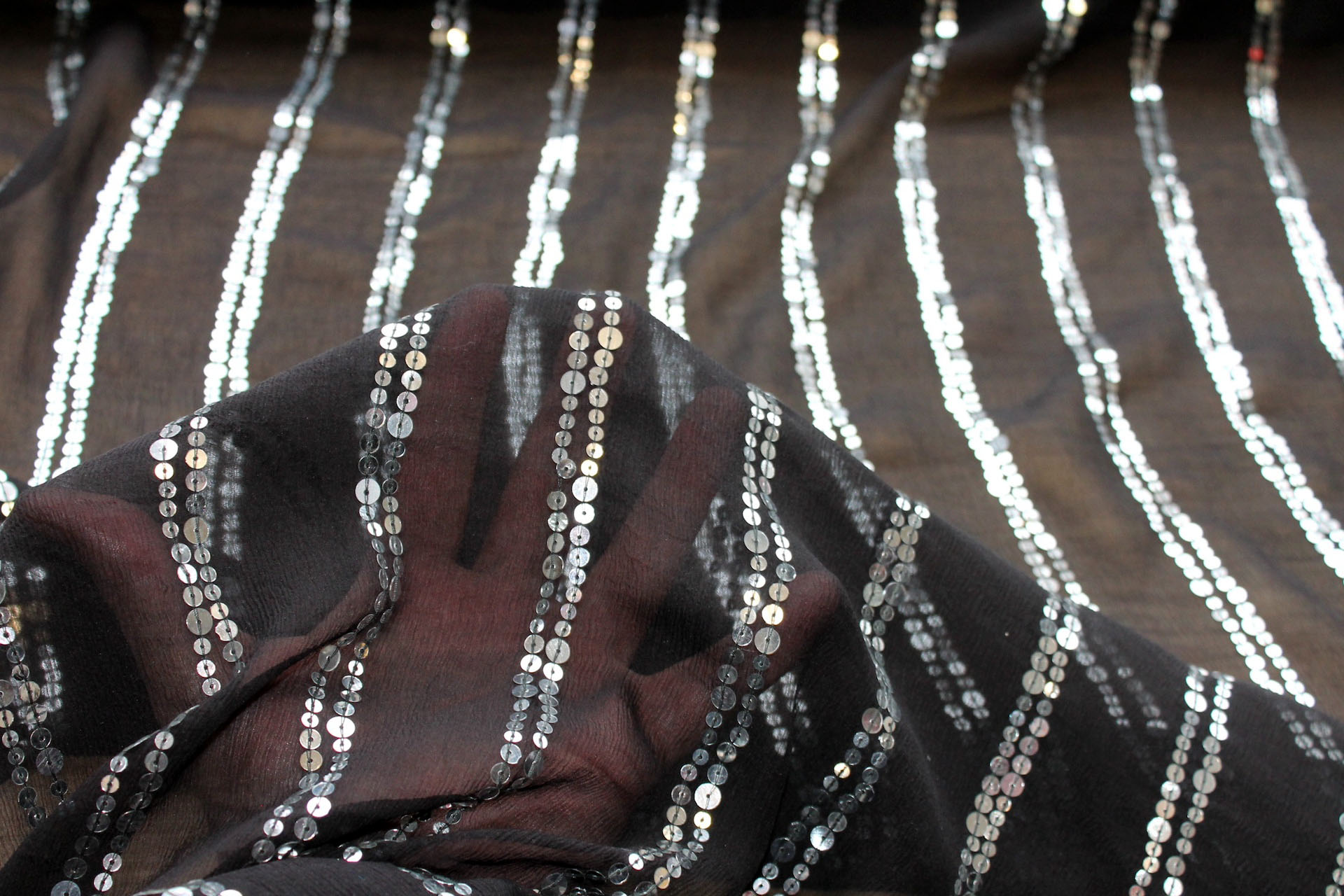 Black chiffon with silver sequins in lines fabric, image 3 of 7