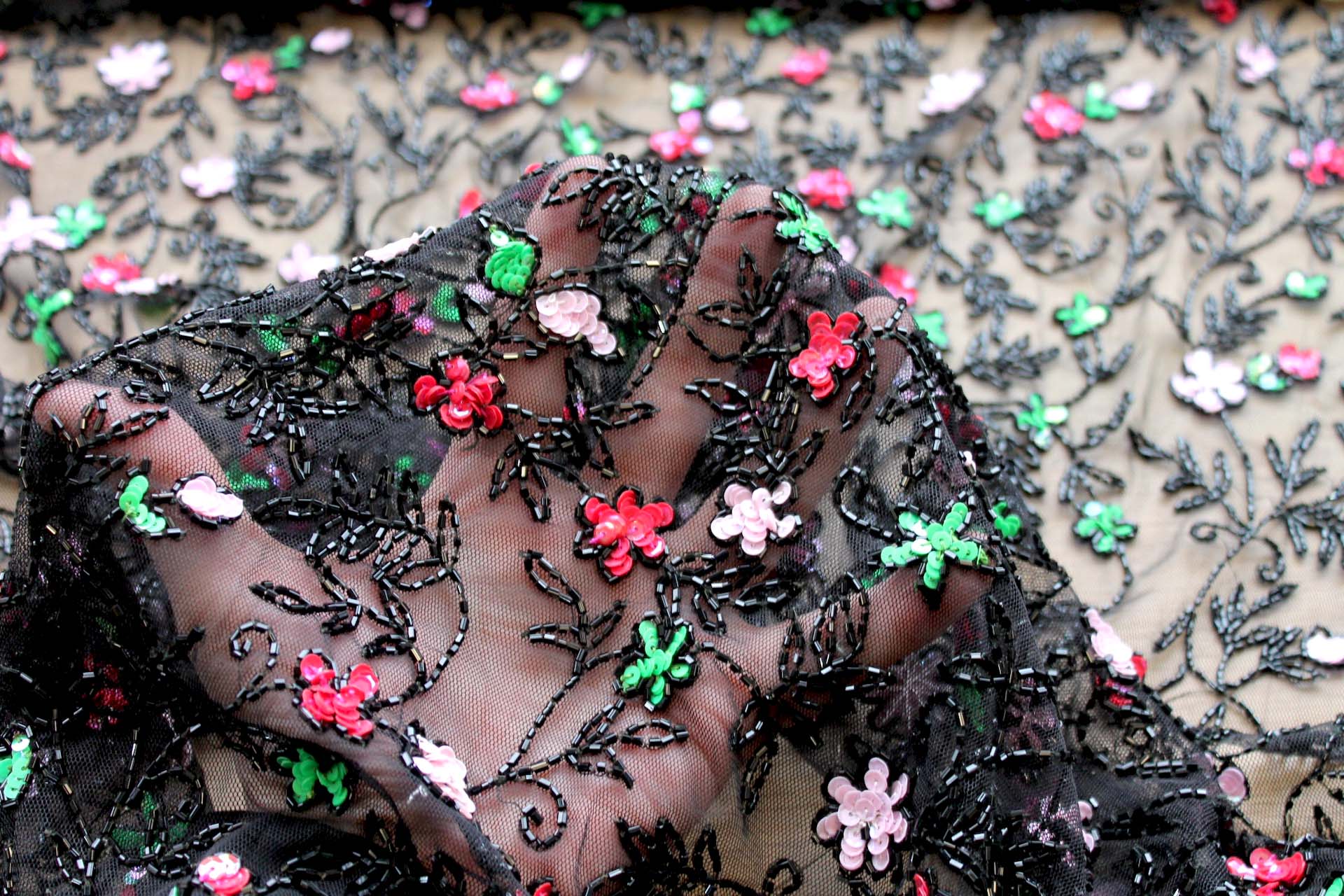 Black Tulle with Pink, Red and Green Sequin Flowers and Black Beads - 0.25m Piece fabric, image 2 of 6
