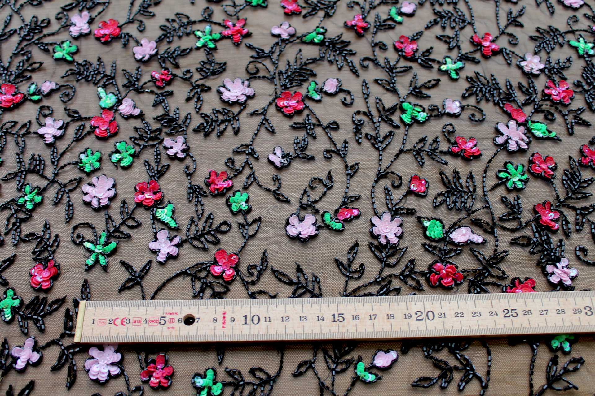 Black Tulle with Pink, Red and Green Sequin Flowers and Black Beads fabric, image 3 of 6