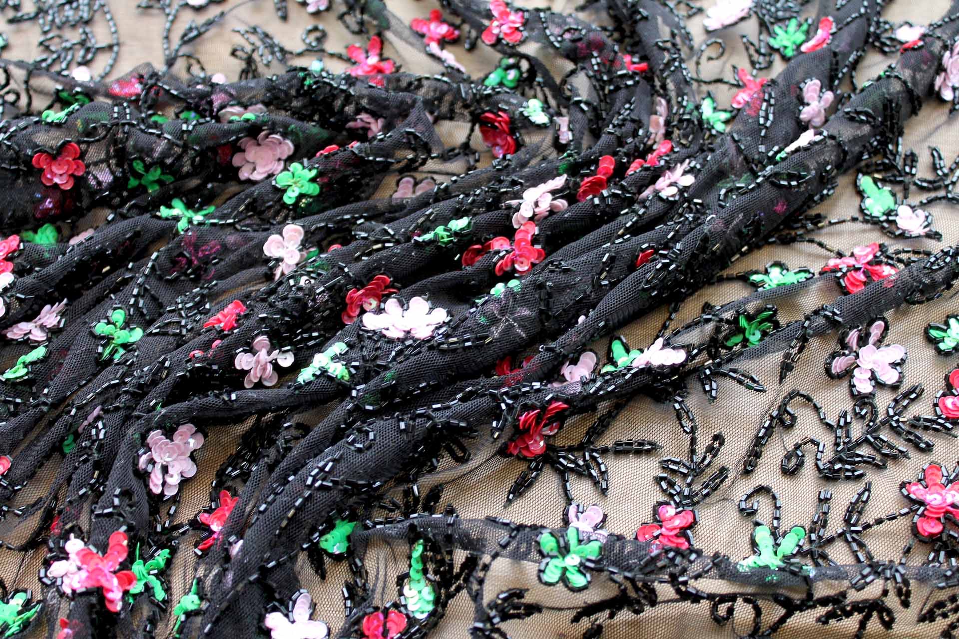 Black Tulle with Pink, Red and Green Sequin Flowers and Black Beads - 0.25m Piece fabric, image 4 of 6