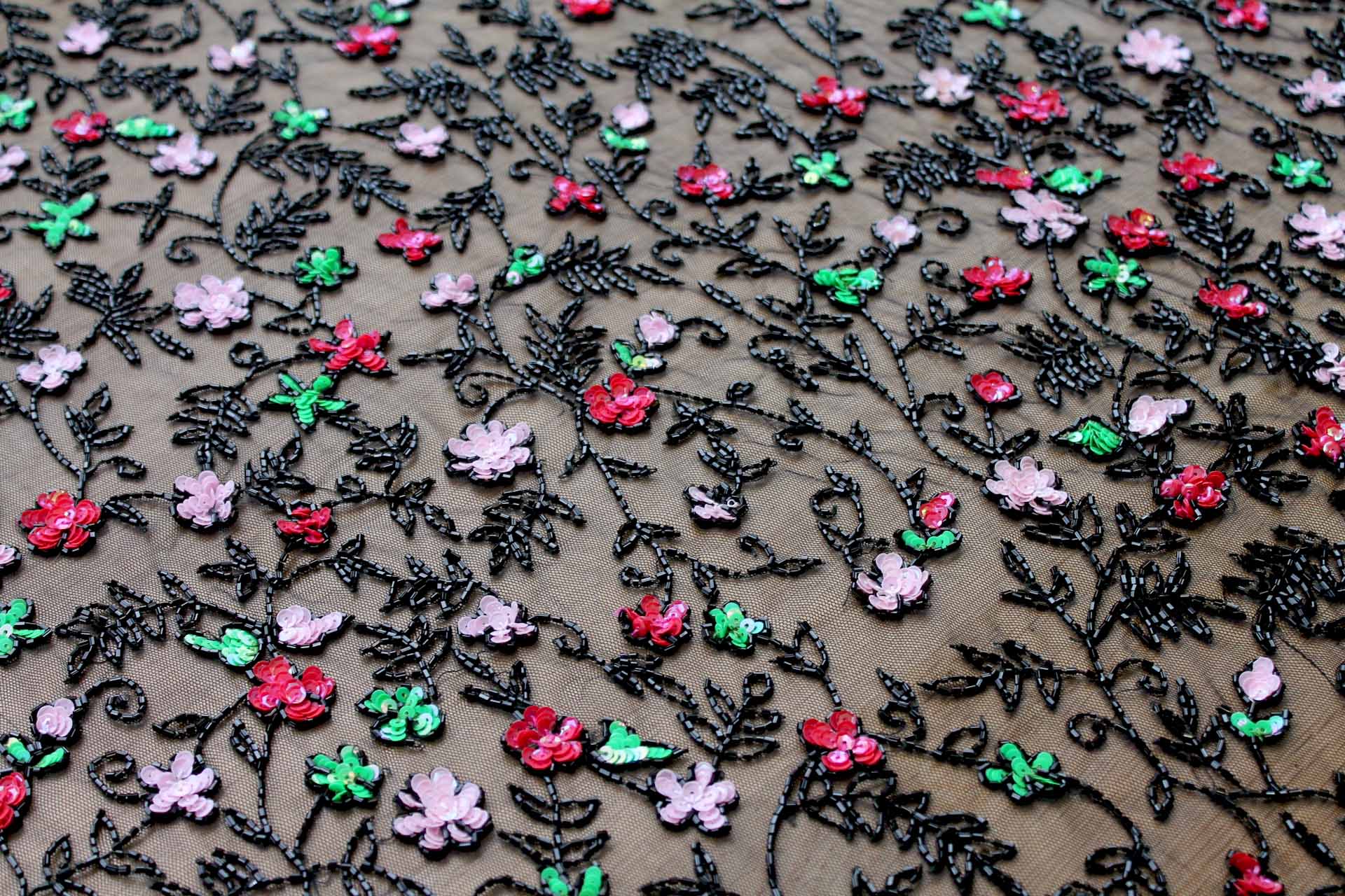 Black Tulle with Pink, Red and Green Sequin Flowers and Black Beads fabric, image 5 of 6