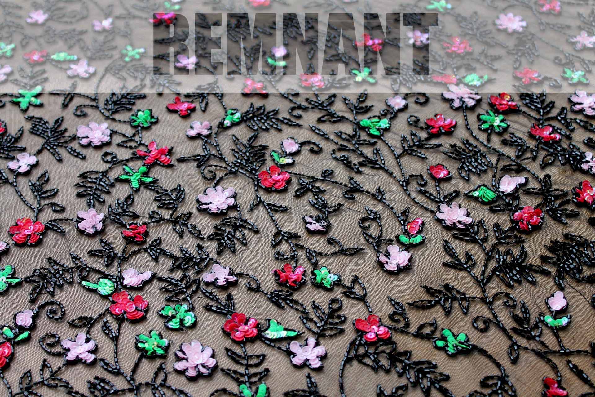 Black Tulle with Pink, Red and Green Sequin Flowers and Black Beads - 0.25m Piece fabric
