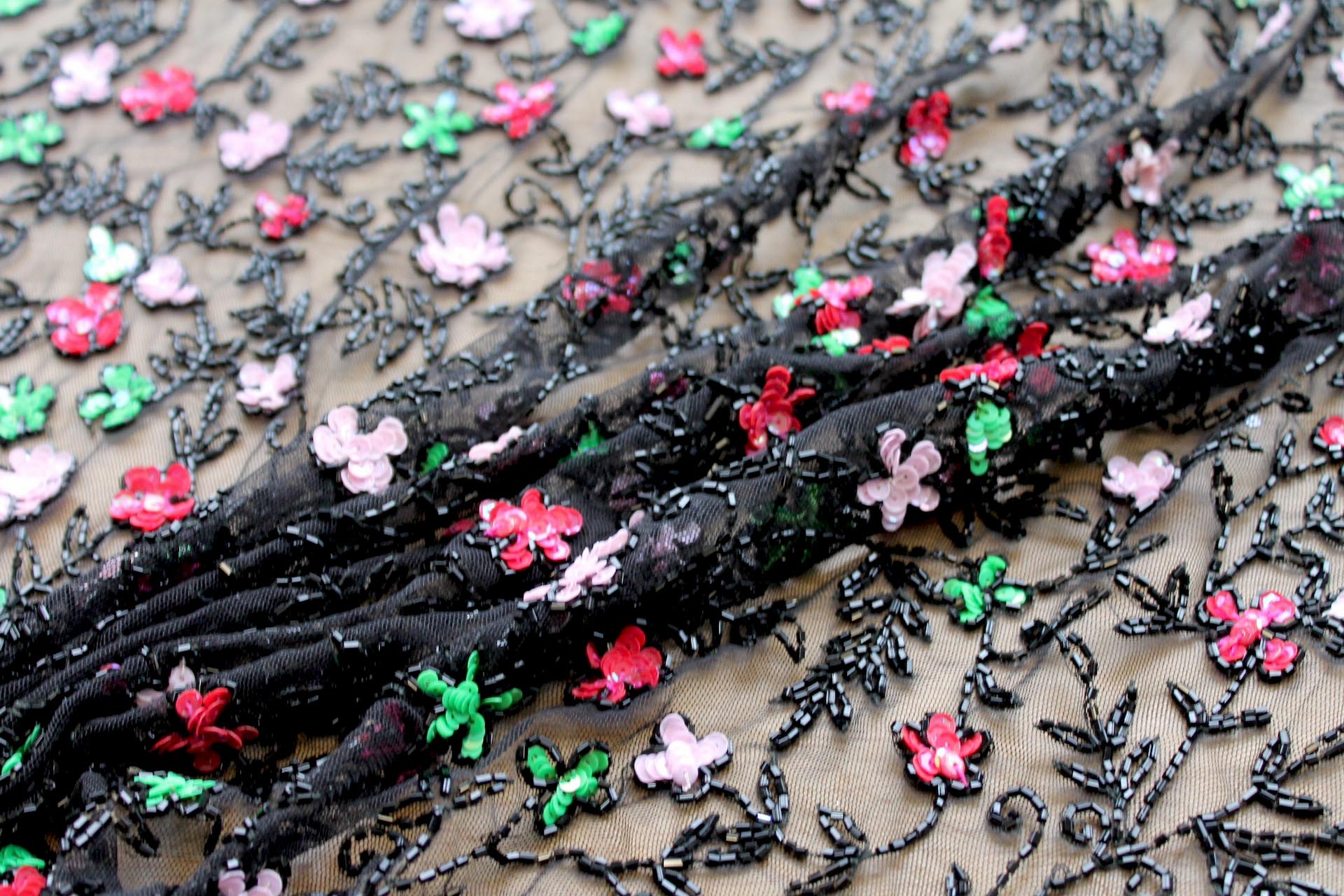Black Tulle with Pink, Red and Green Sequin Flowers and Black Beads - 0.25m Piece fabric, image 6 of 6