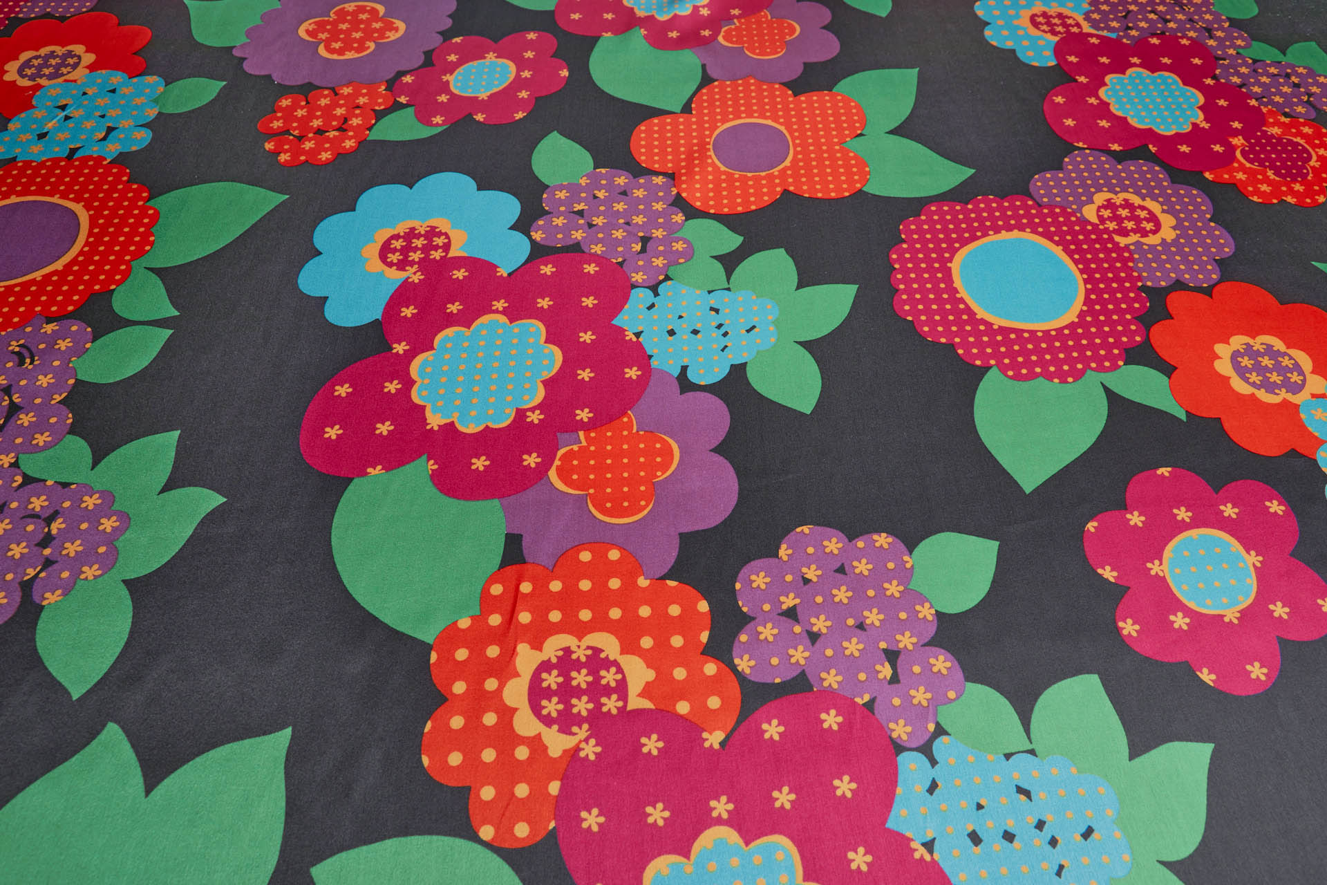 Vintage 1960s "Flower Power" Style Print on Silk Satin - Multi Colour on Black fabric, image 8 of 8