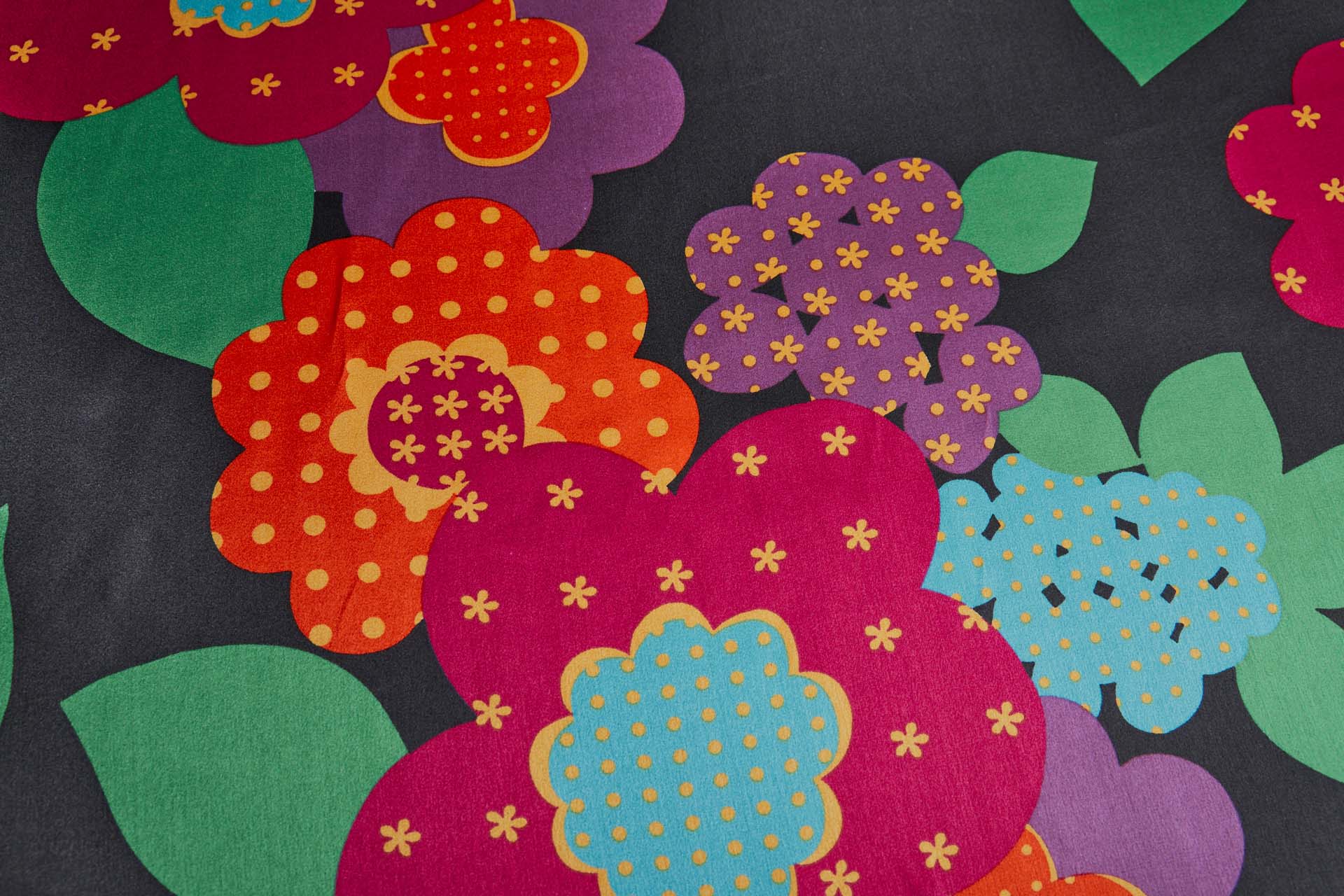 Vintage 1960s "Flower Power" Style Print on Silk Satin - Multi Colour on Black fabric, image 2 of 8