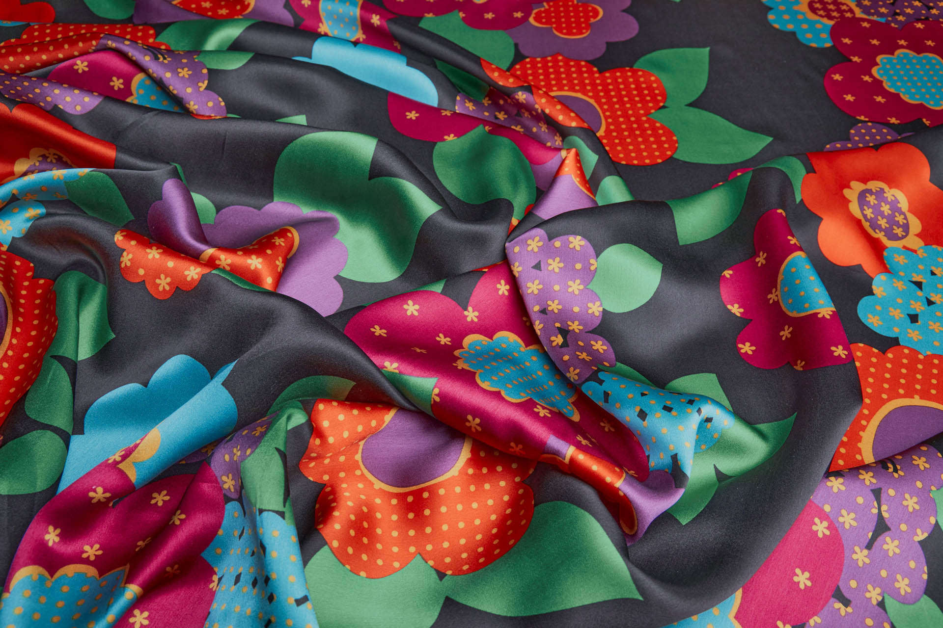 Vintage 1960s "Flower Power" Style Print on Silk Satin - Multi Colour on Black fabric