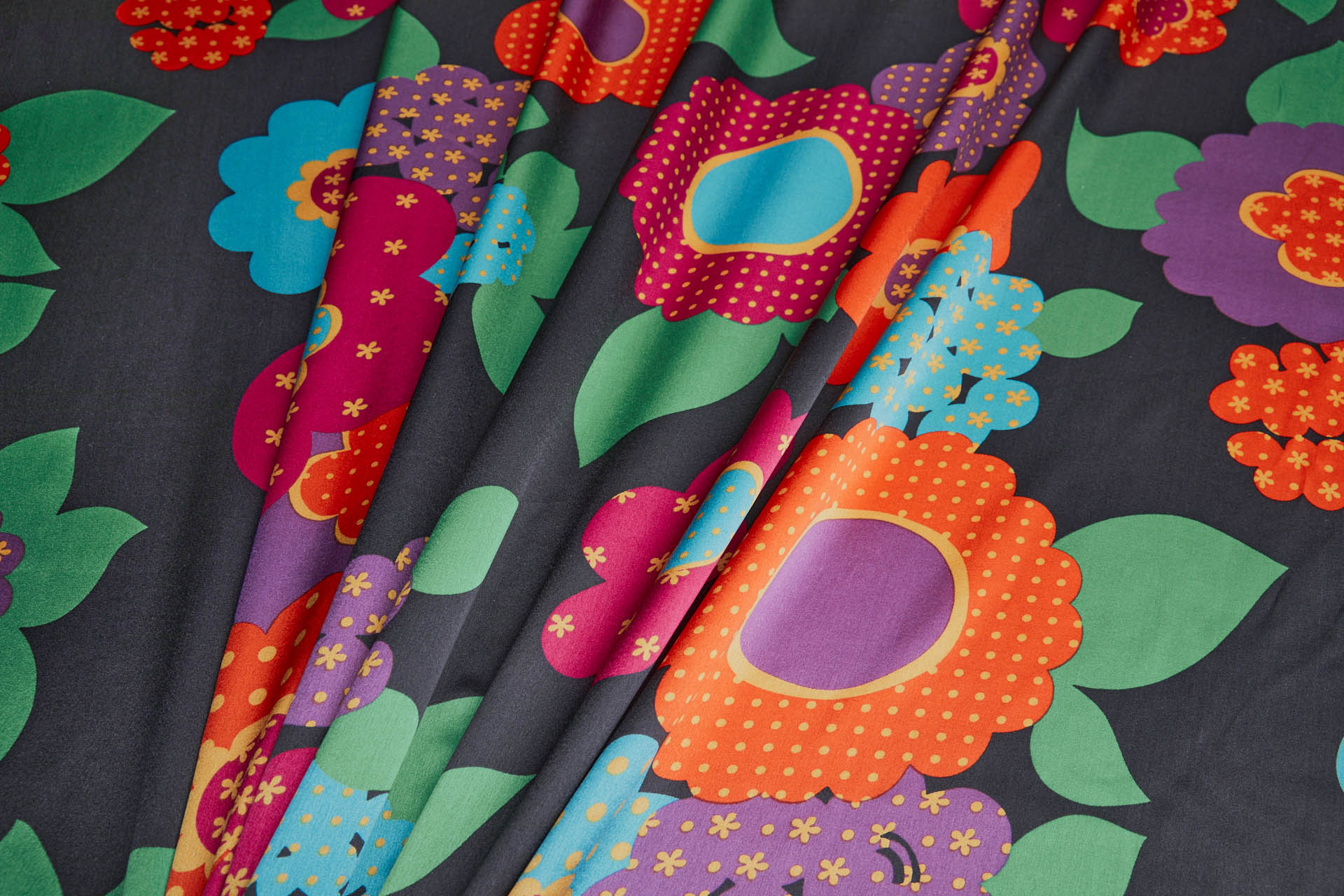 Vintage 1960s "Flower Power" Style Print on Silk Satin - Multi Colour on Black fabric, image 3 of 8
