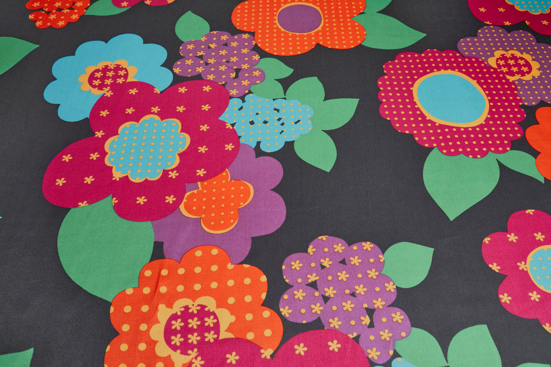 Vintage 1960s "Flower Power" Style Print on Silk Satin - Multi Colour on Black fabric, image 4 of 8