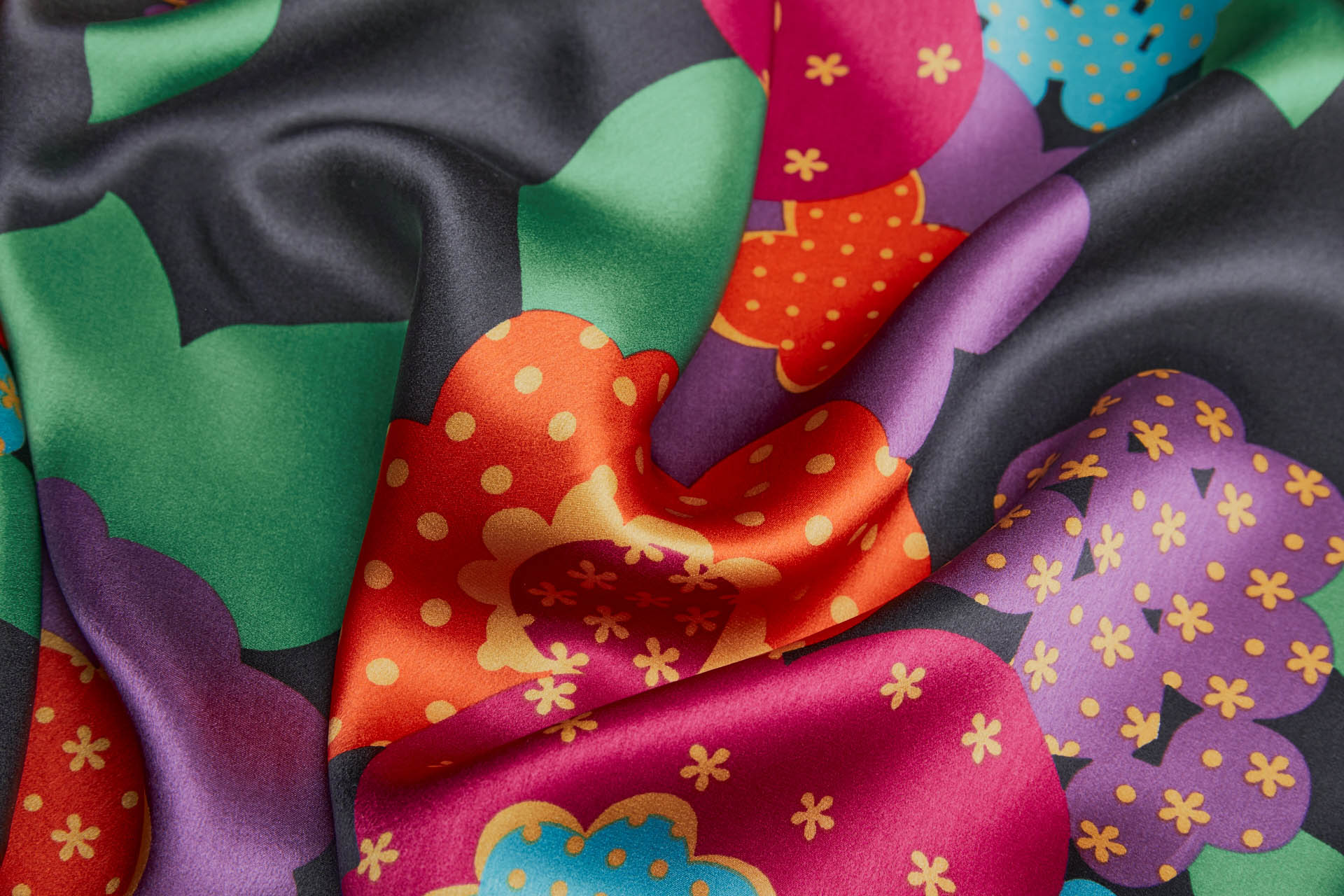 Vintage 1960s "Flower Power" Style Print on Silk Satin - Multi Colour on Black fabric, image 5 of 8