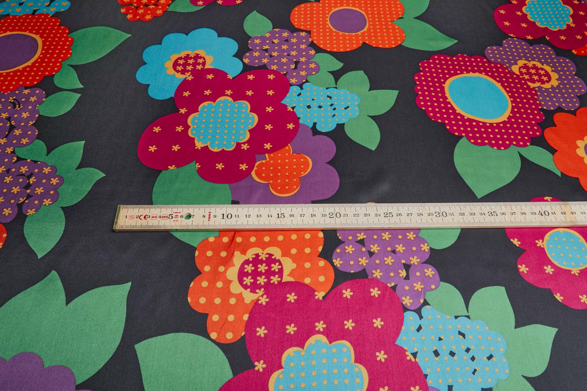 Vintage 1960s "Flower Power" Style Print on Silk Satin - Multi Colour on Black fabric, image 6 of 8