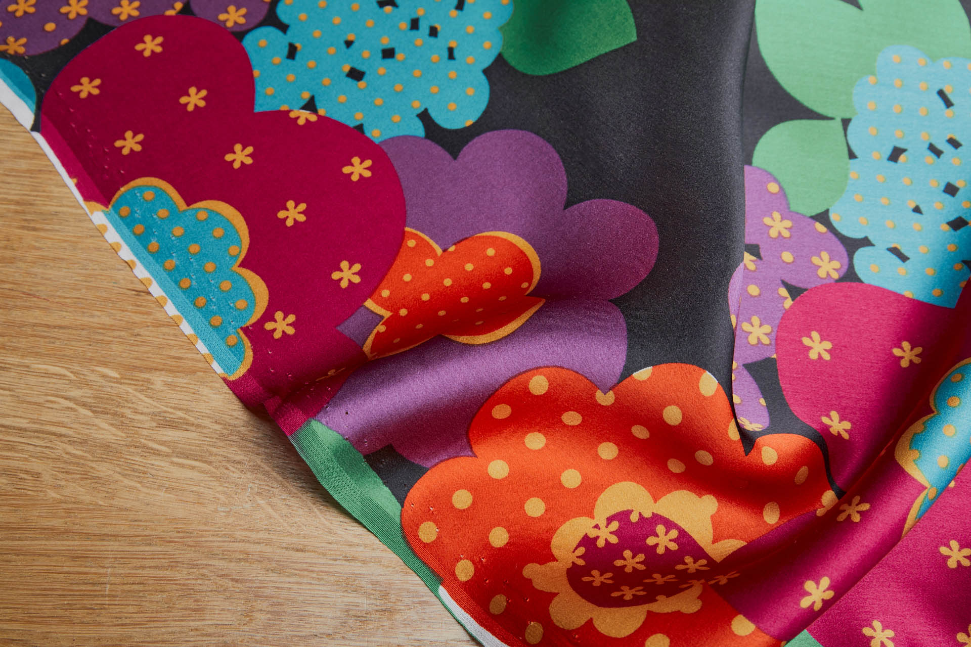 Vintage 1960s "Flower Power" Style Print on Silk Satin - Multi Colour on Black fabric, image 7 of 8