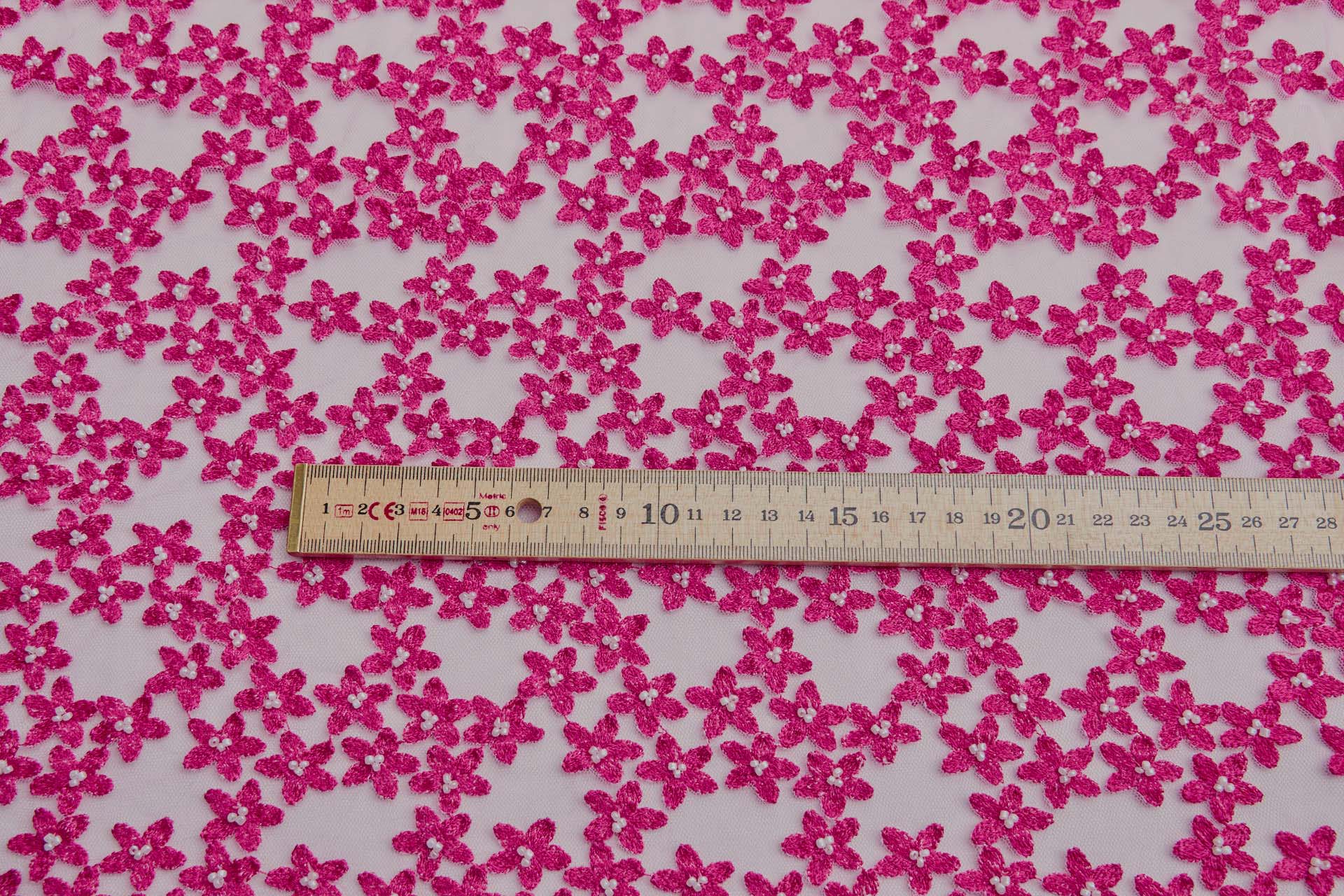 Beaded and Embroidered Flowers on Tulle - Magenta fabric, image 6 of 6