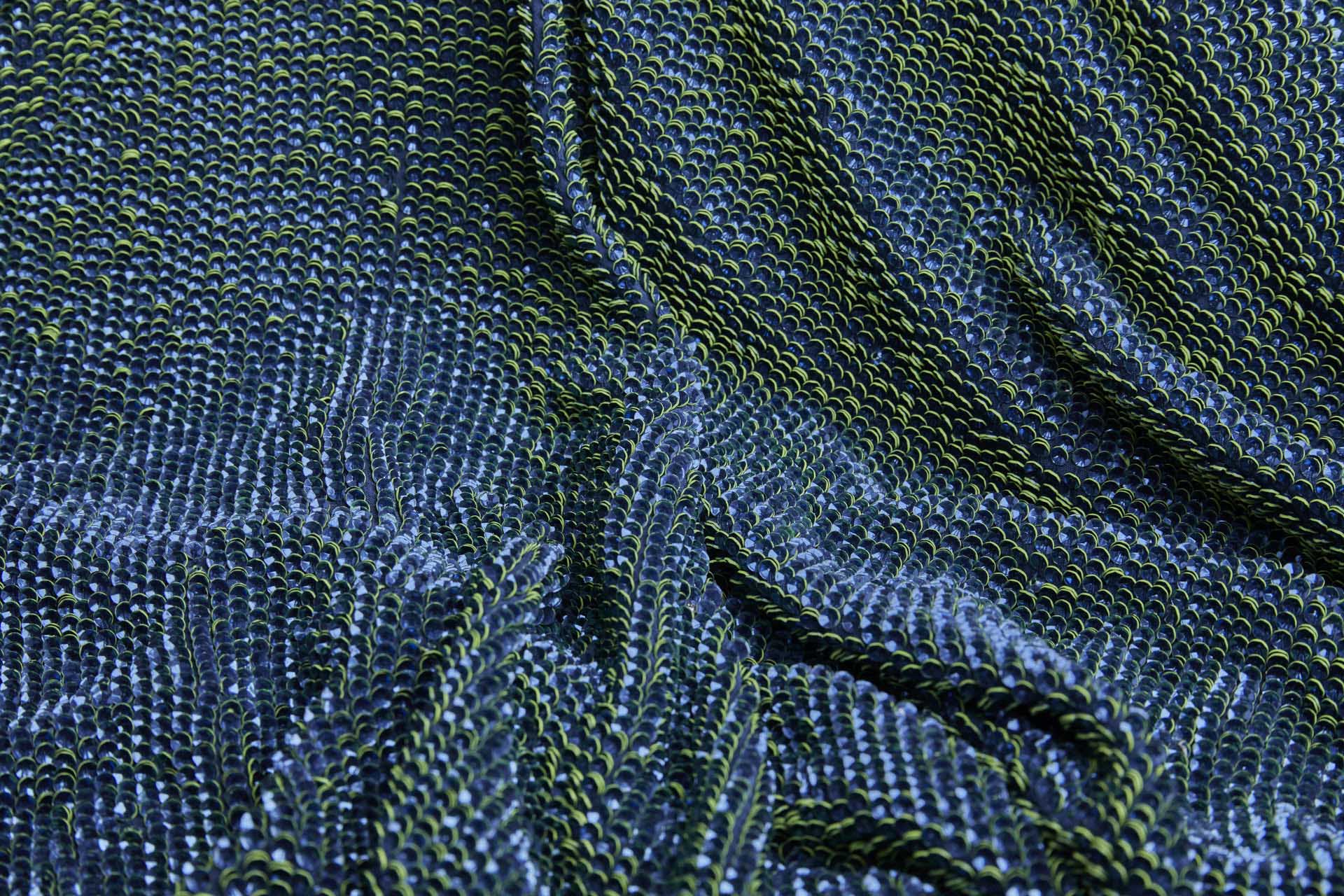 "Two Tone" Overlapping Edge Coloured Sequin On Silk Chiffon - Blue/Green fabric, image 7 of 12