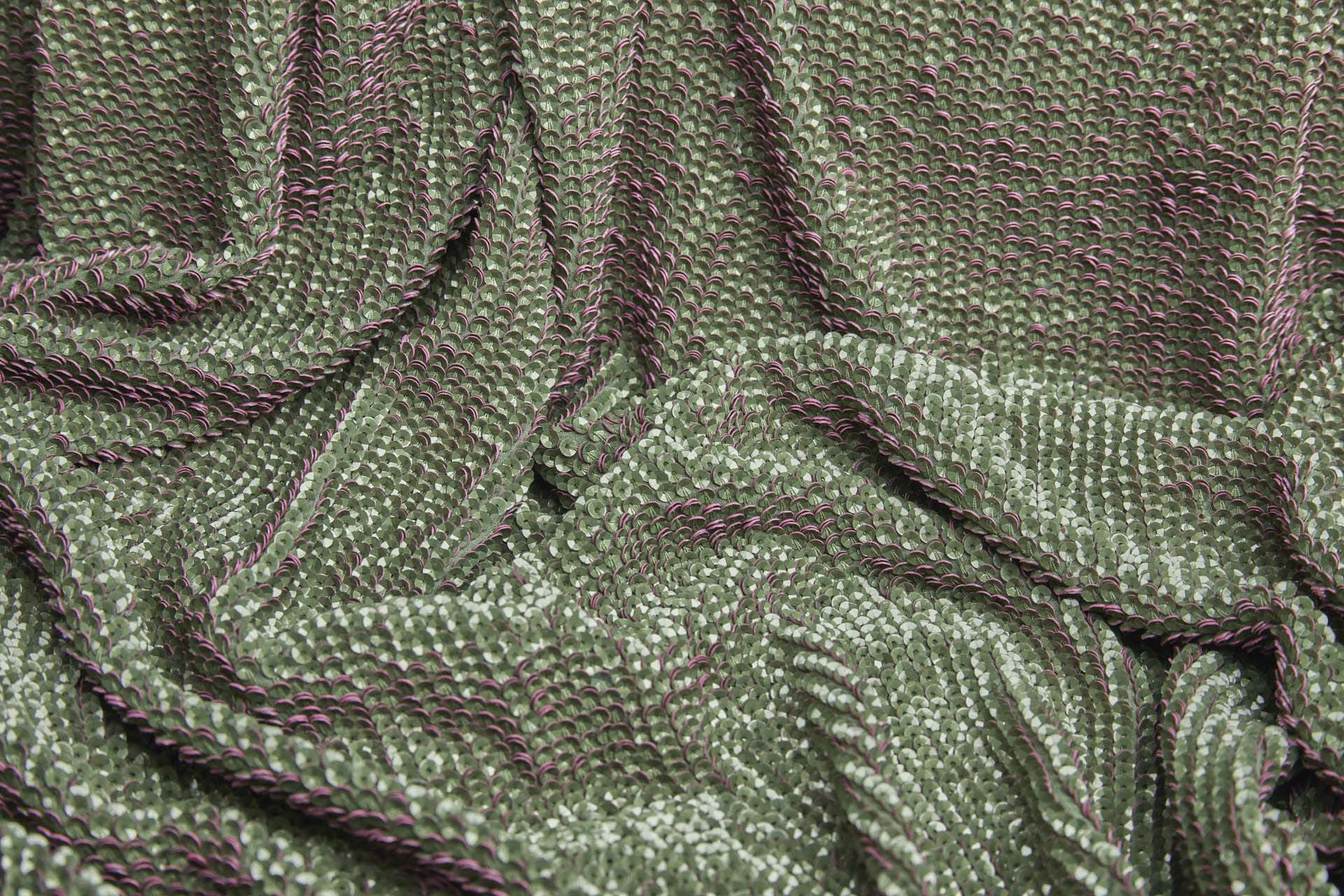 "Two Tone" Overlapping Edge Coloured Sequin On Silk Chiffon - Green/Pink fabric, image 12 of 12