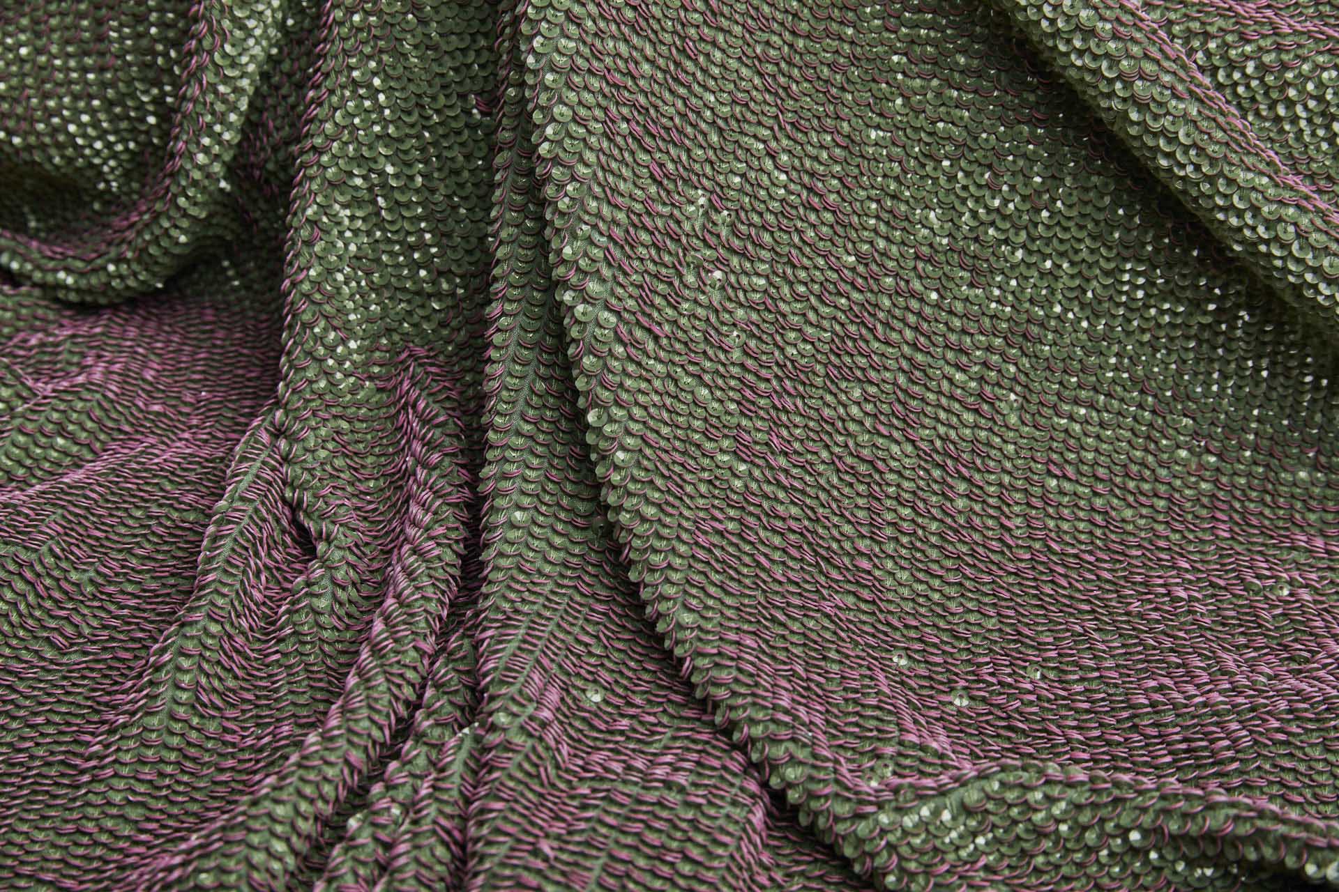 "Two Tone" Overlapping Edge Coloured Sequin On Silk Chiffon - Green/Pink fabric