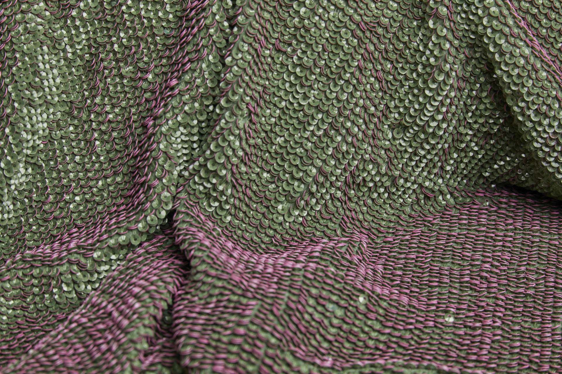 "Two Tone" Overlapping Edge Coloured Sequin On Silk Chiffon - Green/Pink fabric, image 5 of 12
