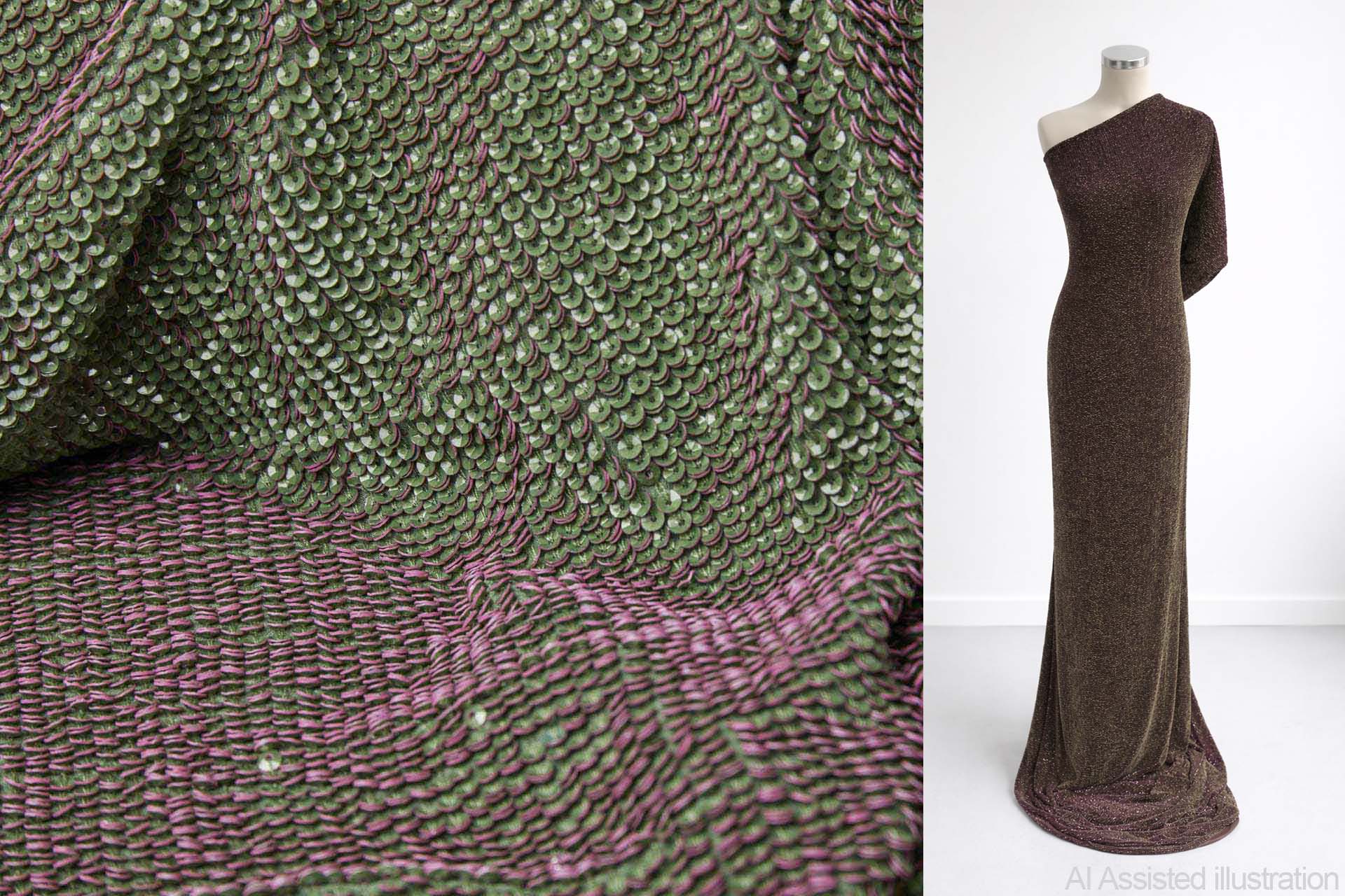 "Two Tone" Overlapping Edge Coloured Sequin On Silk Chiffon - Green/Pink fabric, image 2 of 12